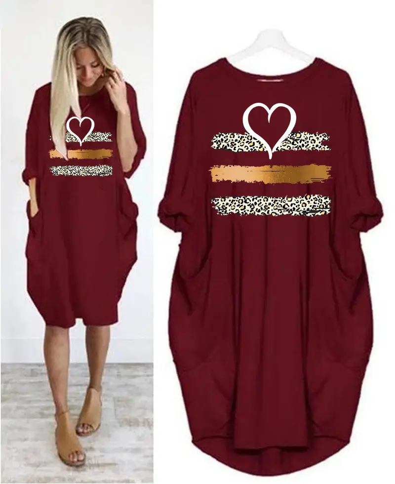 Ladies Summer Print Party Casual Loose O-neck Long Sleeve Dress Fashion Plus-size Solid Color Long Sleeve Pocket Loose Pullover