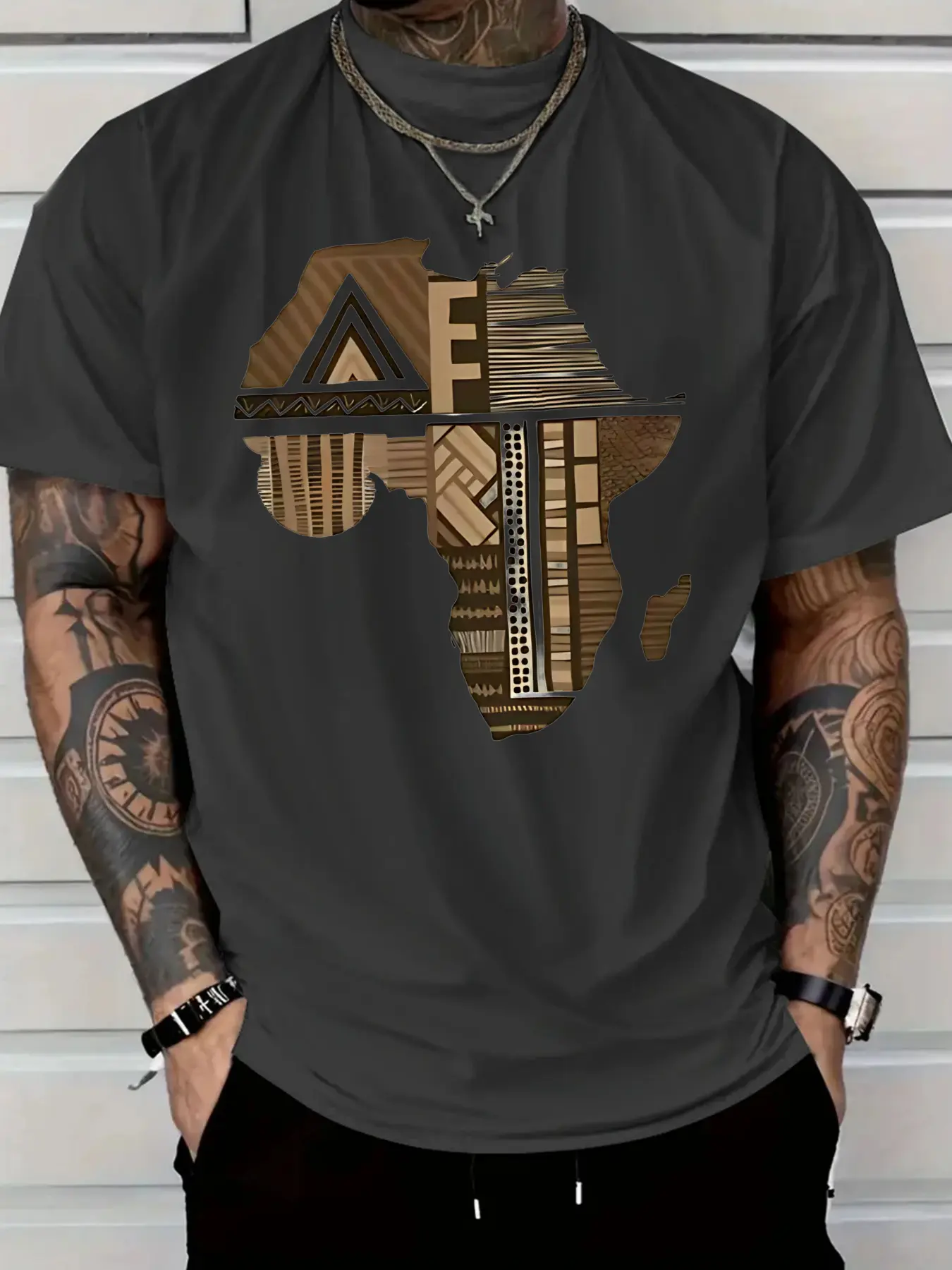 Men'S Plus Size White Cotton T-Shirt with Africa-Inspired Golden Print - 100% Pure Cotton Comfort Fit Lightweight Breathable