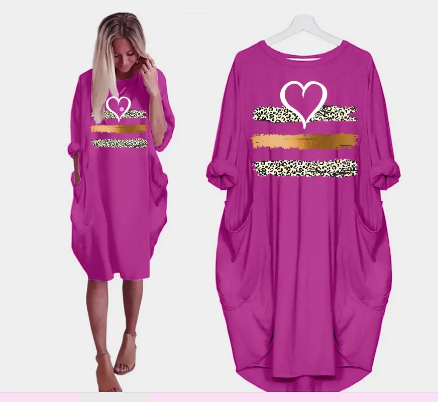 Ladies Summer Print Party Casual Loose O-neck Long Sleeve Dress Fashion Plus-size Solid Color Long Sleeve Pocket Loose Pullover