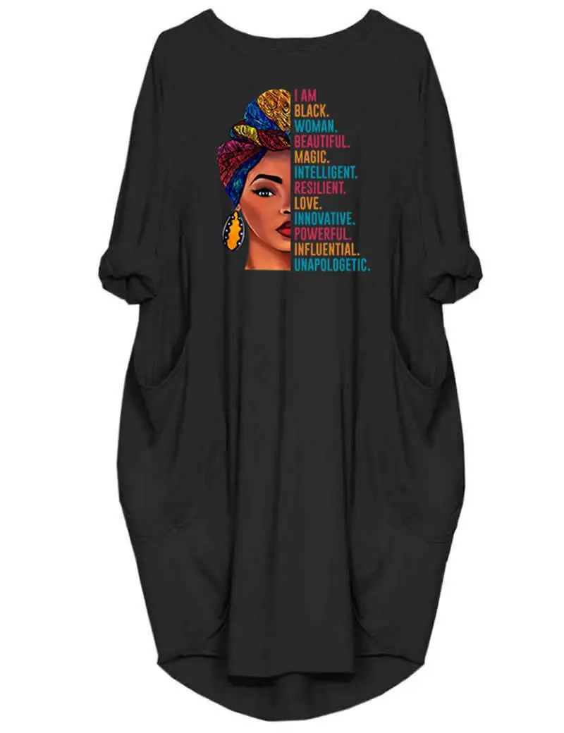 Ladies Summer Print Party Casual Loose O-neck Long Sleeve Dress Fashion Plus-size Solid Color Long Sleeve Pocket Loose Pullover