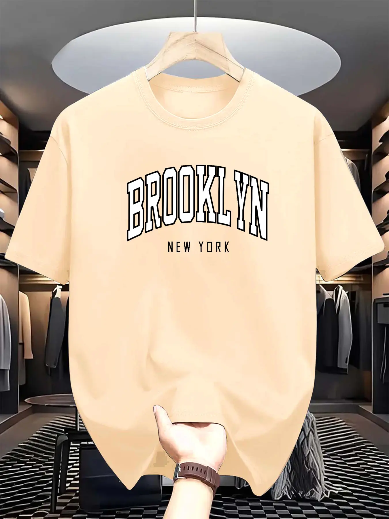 Men's summer 100% cotton fashionable casual loose Brooklyn New York printed sports round neck short sleeved T-shirt top