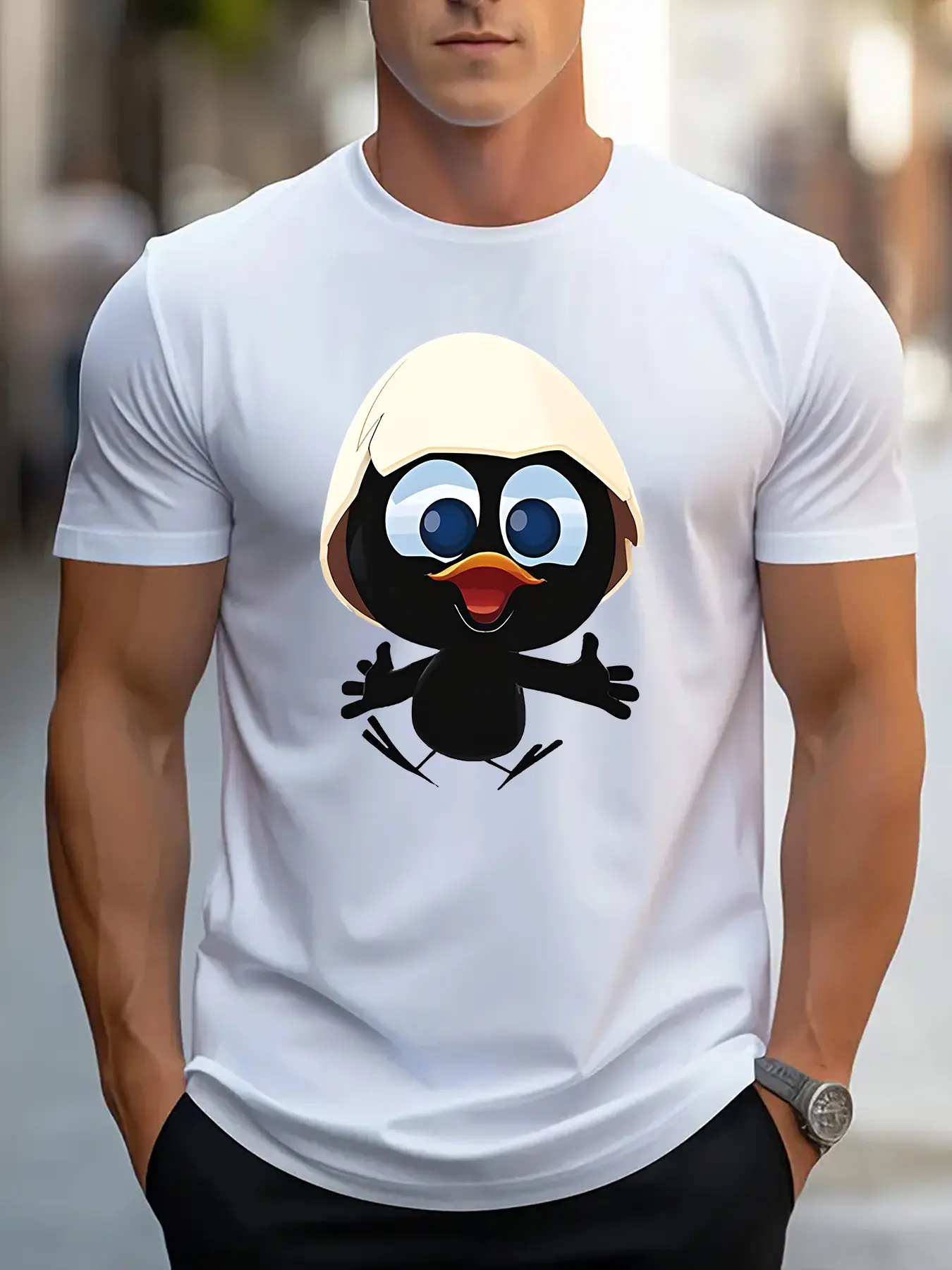 Men's summer 100 cotton fashionable casual sports loose and interesting cartoon pattern printed round neck short sleeved T-shirt