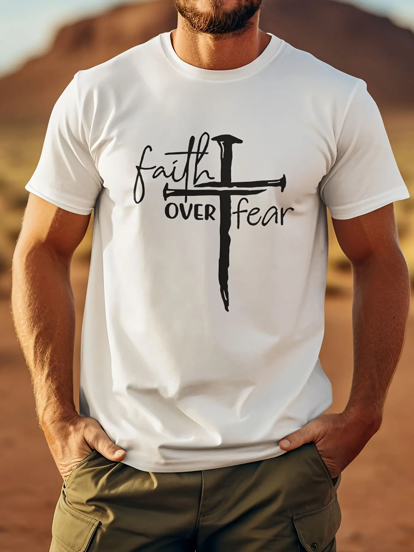Men's Summer 100 Cotton Fashion Casual Loose Large Size Faith over Fear Letter Printed Sports Round Neck Short Sleeve T-shirt