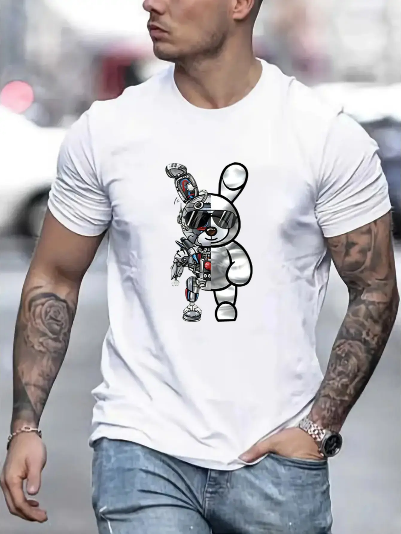 Men's summer 100 cotton fashionable casual loose cartoon mechanical rabbit pattern printed round neck short sleeved T-shirt top