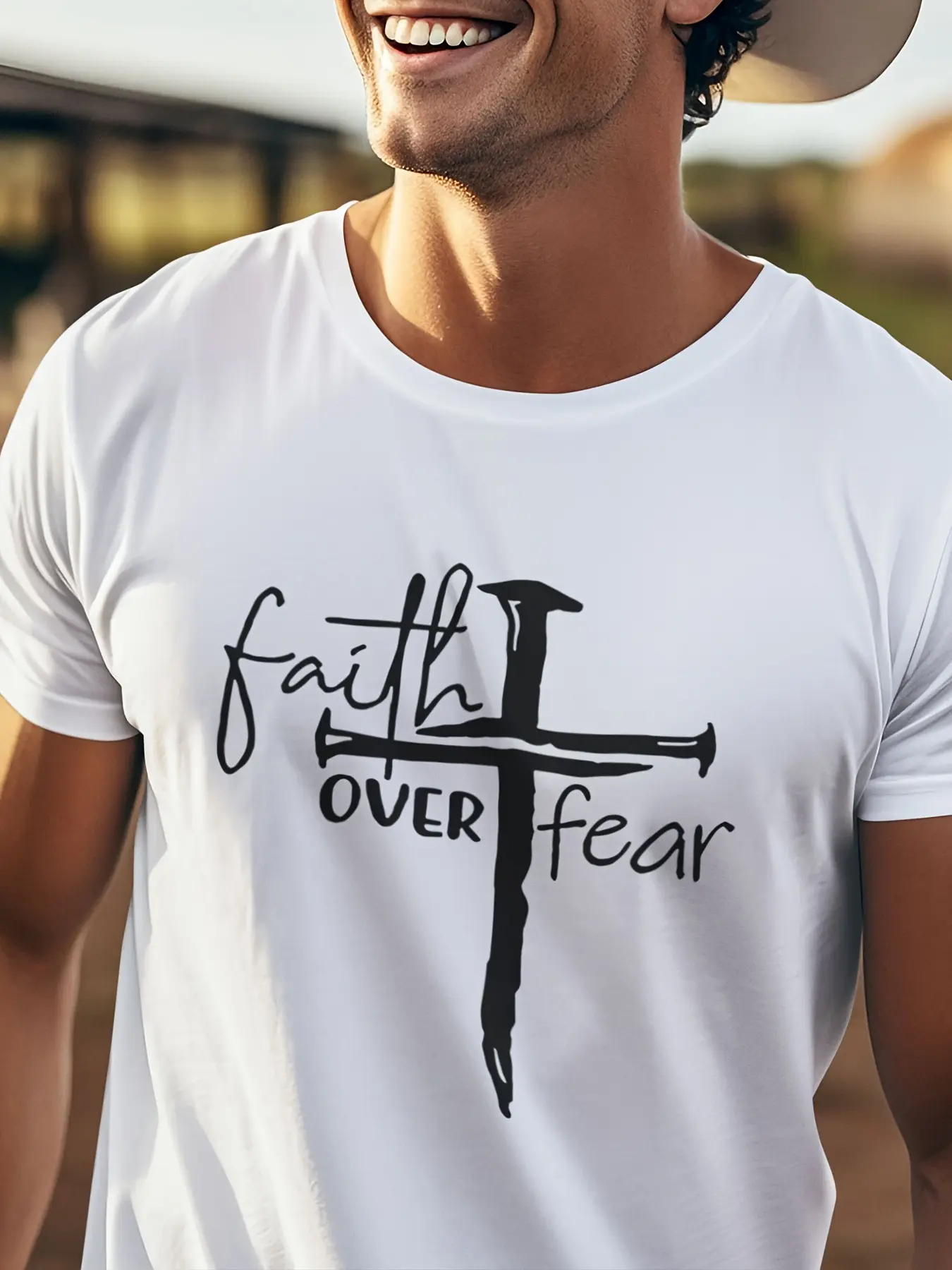 Men's Summer 100 Cotton Fashion Casual Loose Large Size Faith over Fear Letter Printed Sports Round Neck Short Sleeve T-shirt