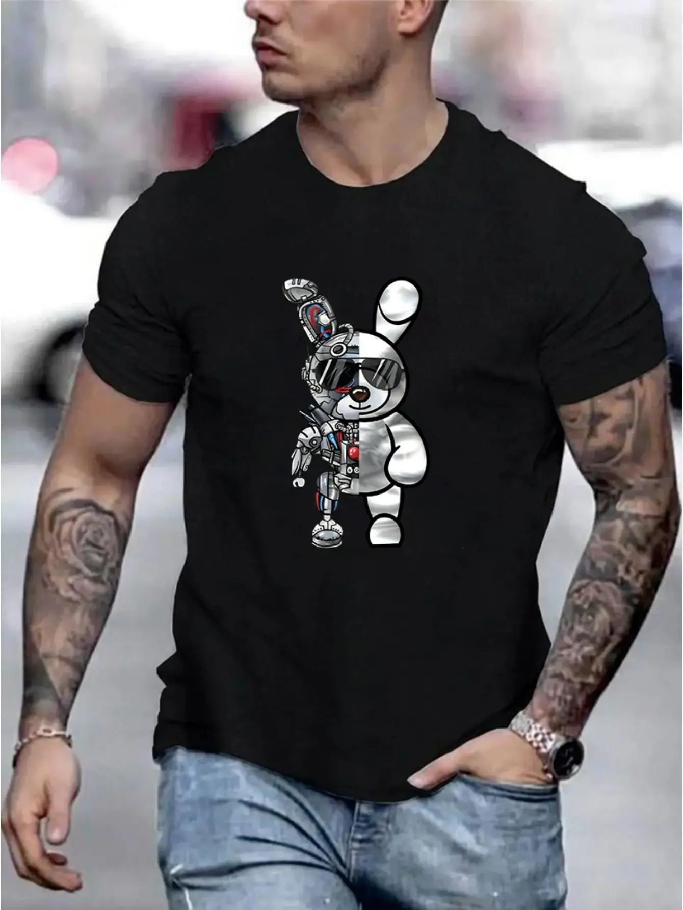 Men's summer 100 cotton fashionable casual loose cartoon mechanical rabbit pattern printed round neck short sleeved T-shirt top