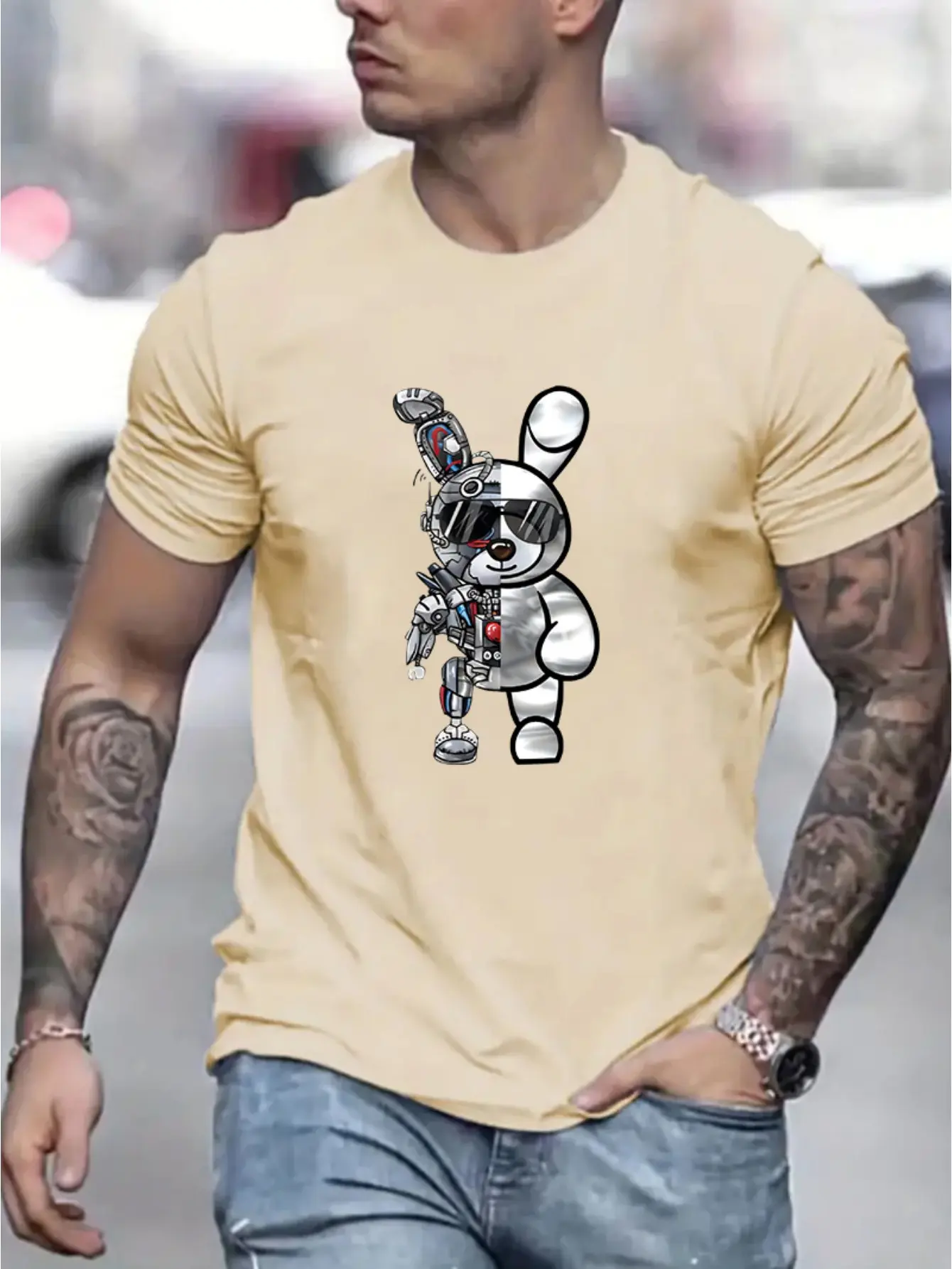 Men's summer 100 cotton fashionable casual loose cartoon mechanical rabbit pattern printed round neck short sleeved T-shirt top