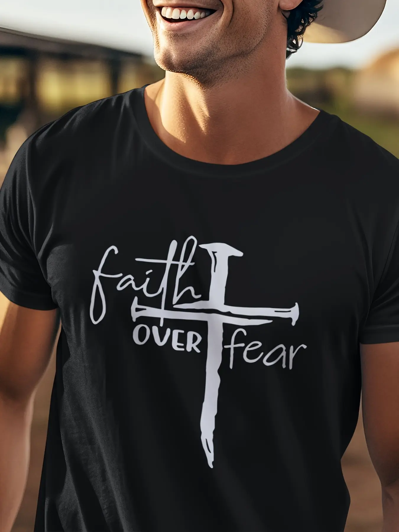 Men's Summer 100 Cotton Fashion Casual Loose Large Size Faith over Fear Letter Printed Sports Round Neck Short Sleeve T-shirt