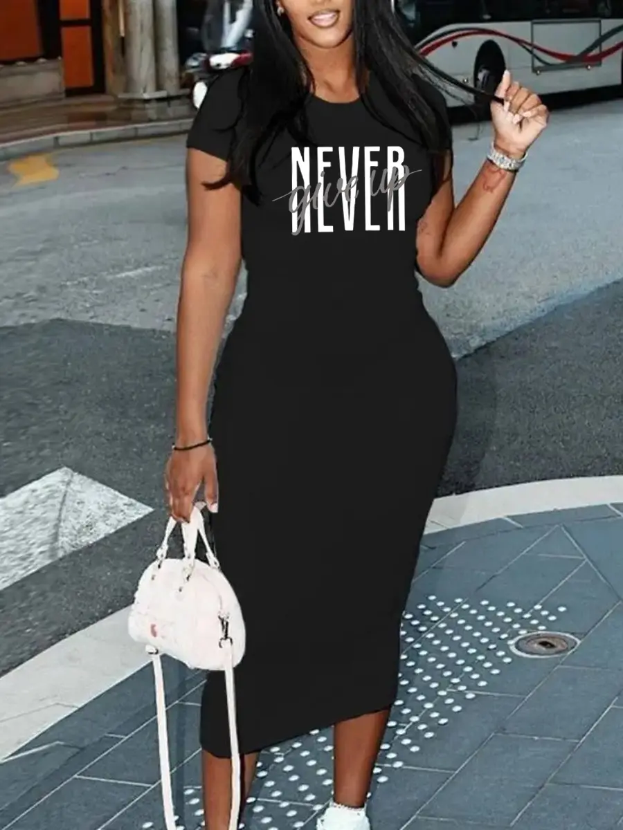 Ladies' summer fashionable and casual slim fit cartoon pattern printed round neck short sleeved women's sexy dress