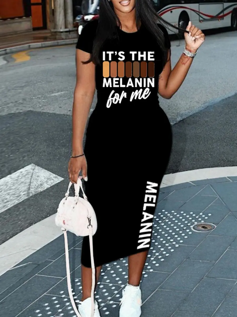 Ladies' summer fashionable and casual slim fit cartoon pattern printed round neck short sleeved women's sexy dress