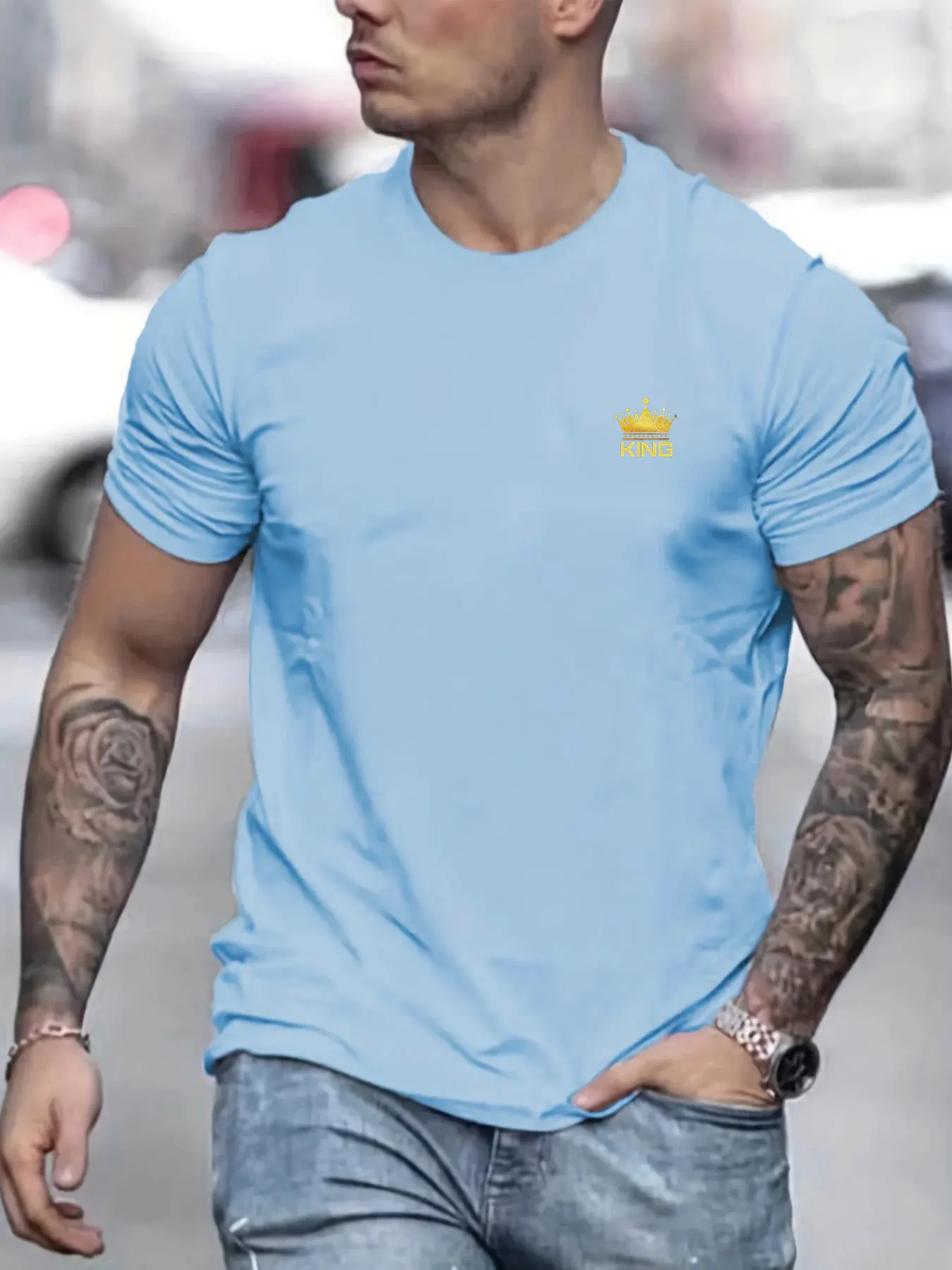 Summer men's 100% cotton casual loose oversized KING crown print round neck short sleeved T-shirt top