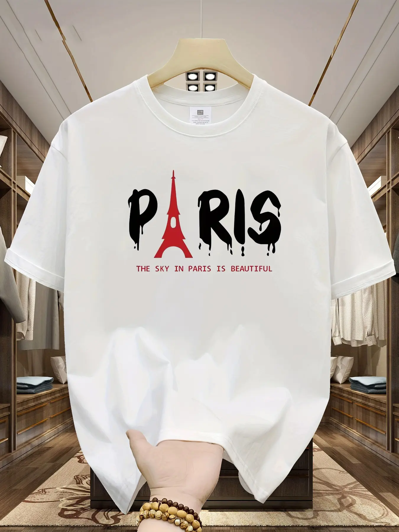 Men's Summer 100% Cotton Fashionable Casual Loose Large Size Paris Pattern Printed Sports Round Neck Short Sleeve T-shirt Top