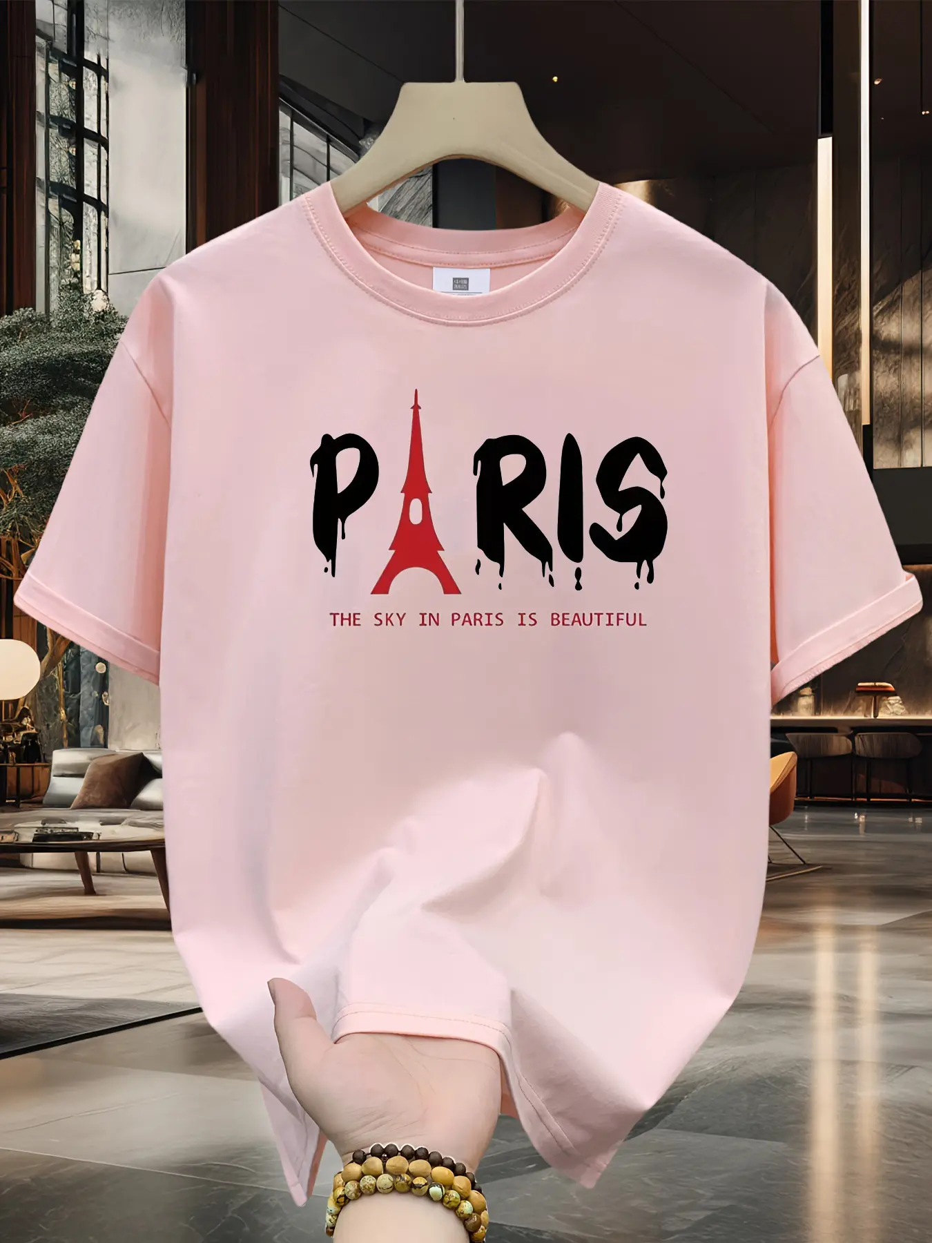 Men's Summer 100% Cotton Fashionable Casual Loose Large Size Paris Pattern Printed Sports Round Neck Short Sleeve T-shirt Top