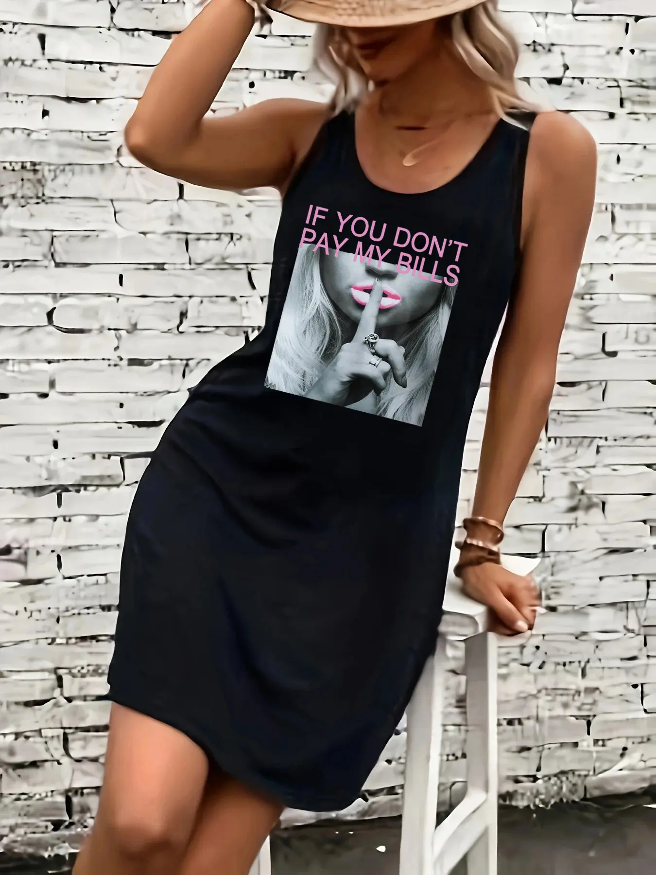 Women's summer loose, comfortable, casual, fashionable pattern printed black sleeveless vest skirt punk style dress