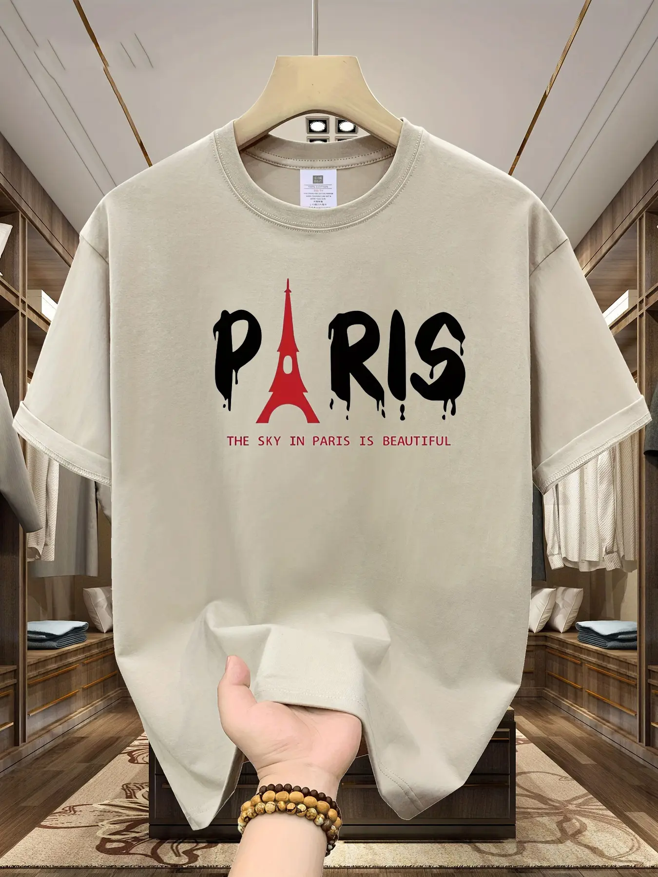 Men's Summer 100% Cotton Fashionable Casual Loose Large Size Paris Pattern Printed Sports Round Neck Short Sleeve T-shirt Top