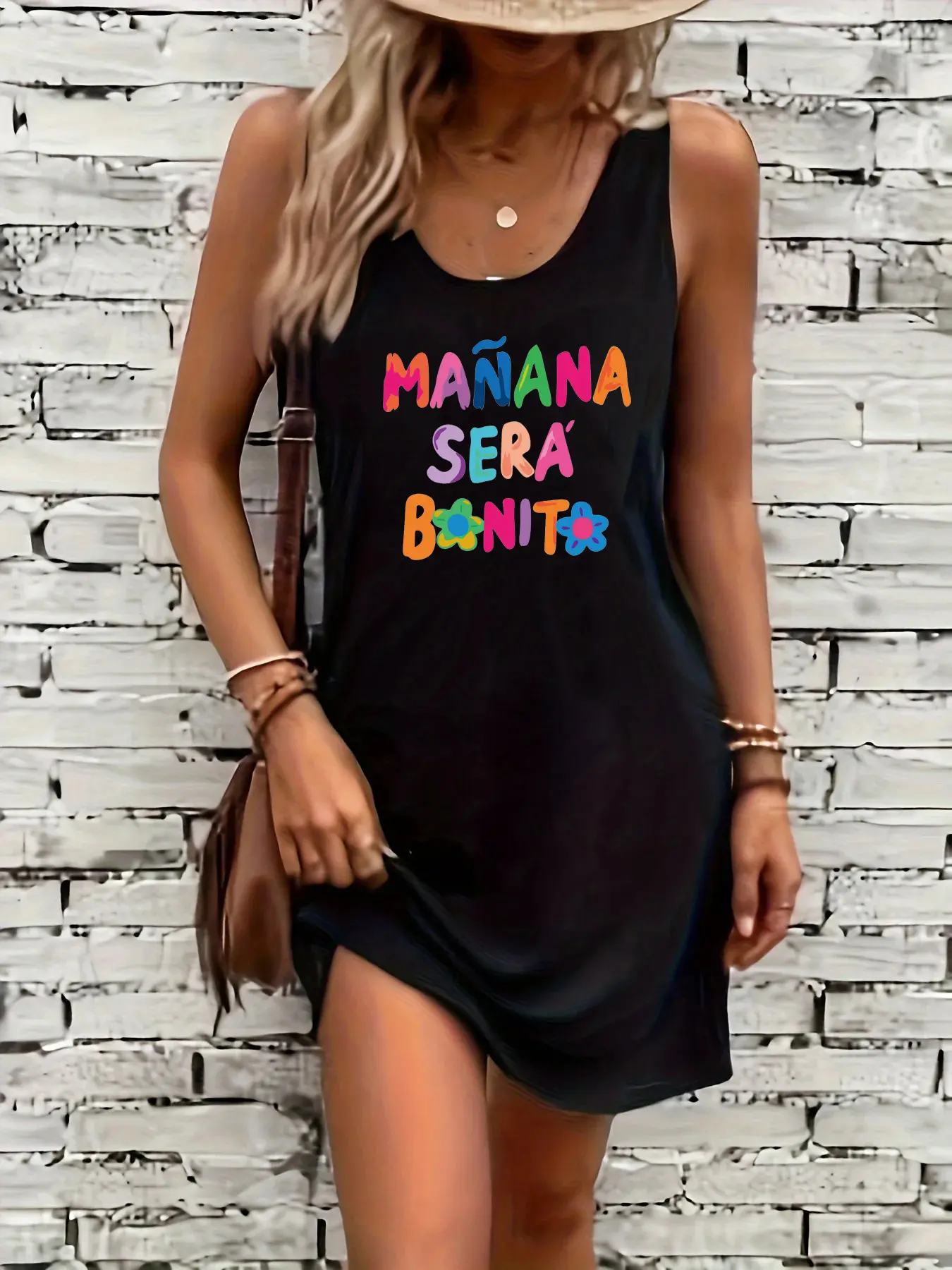Women's summer loose, comfortable, casual, fashionable pattern printed black sleeveless vest skirt punk style dress