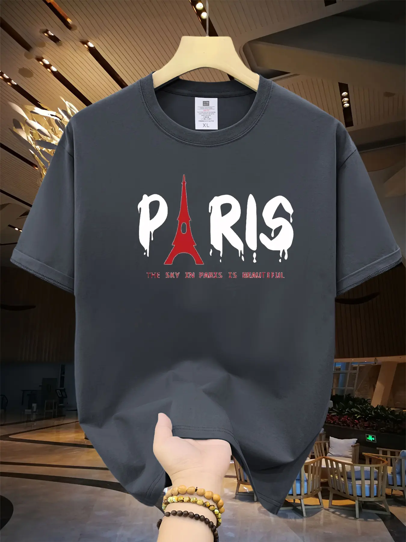 Men's Summer 100% Cotton Fashionable Casual Loose Large Size Paris Pattern Printed Sports Round Neck Short Sleeve T-shirt Top