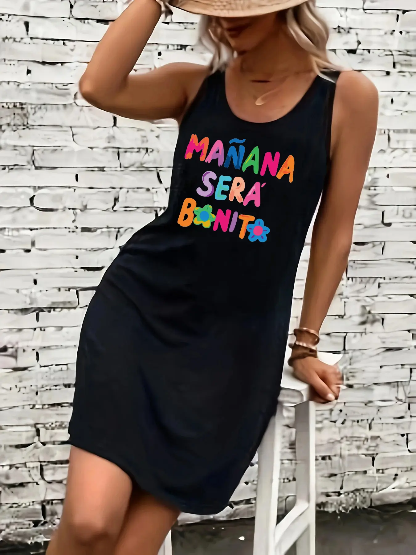 Women's summer loose, comfortable, casual, fashionable pattern printed black sleeveless vest skirt punk style dress