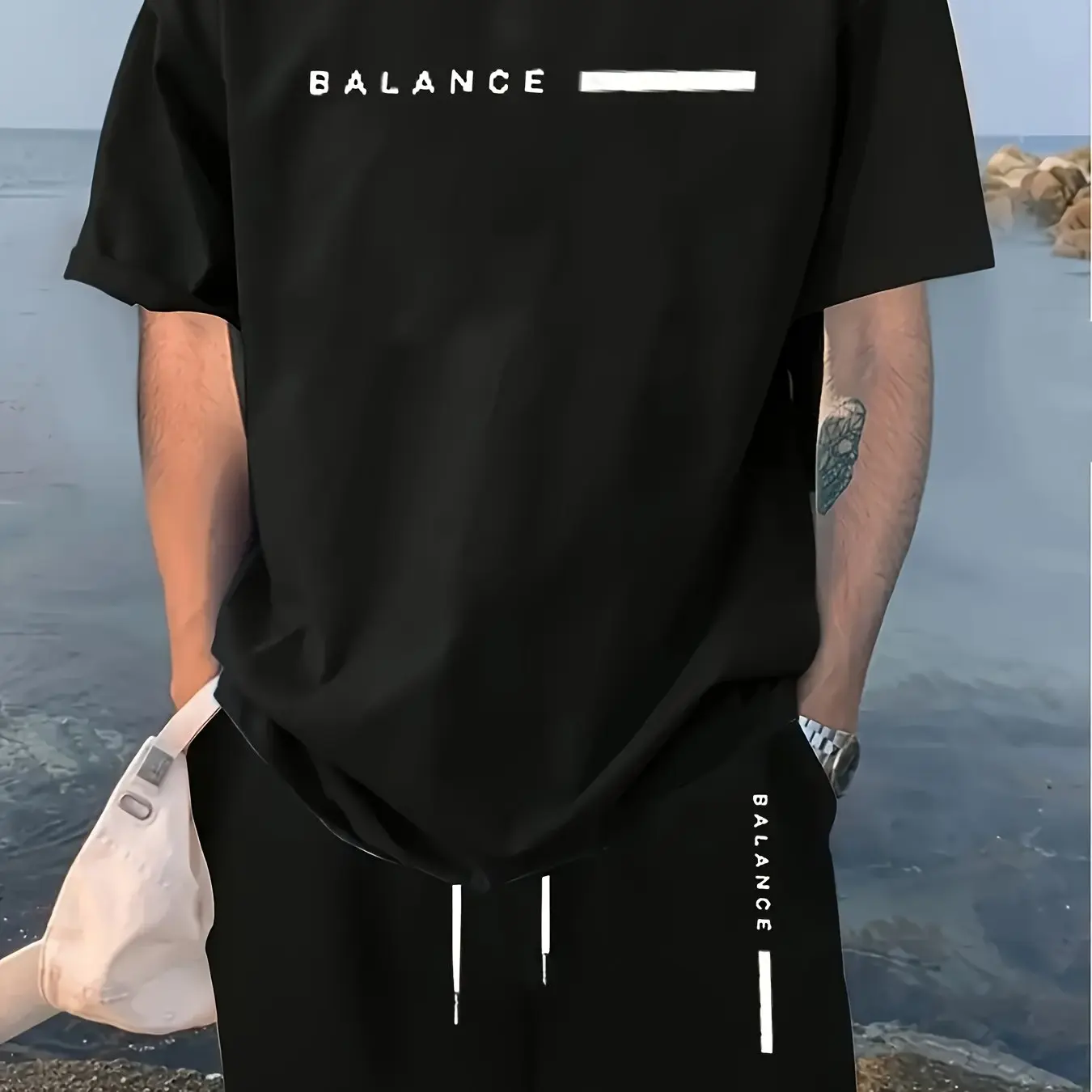 Men's 100 cotton T-shirt set casual plus size fashion BALANCE letter printed loose round neck short sleeved T-shirt+shorts