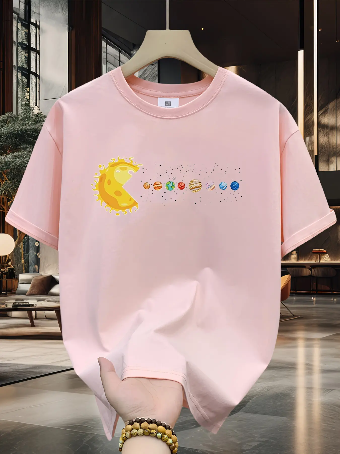 Men's summer 100% cotton fashionable casual loose Solar System Planets Print sports round neck short sleeved T-shirt top