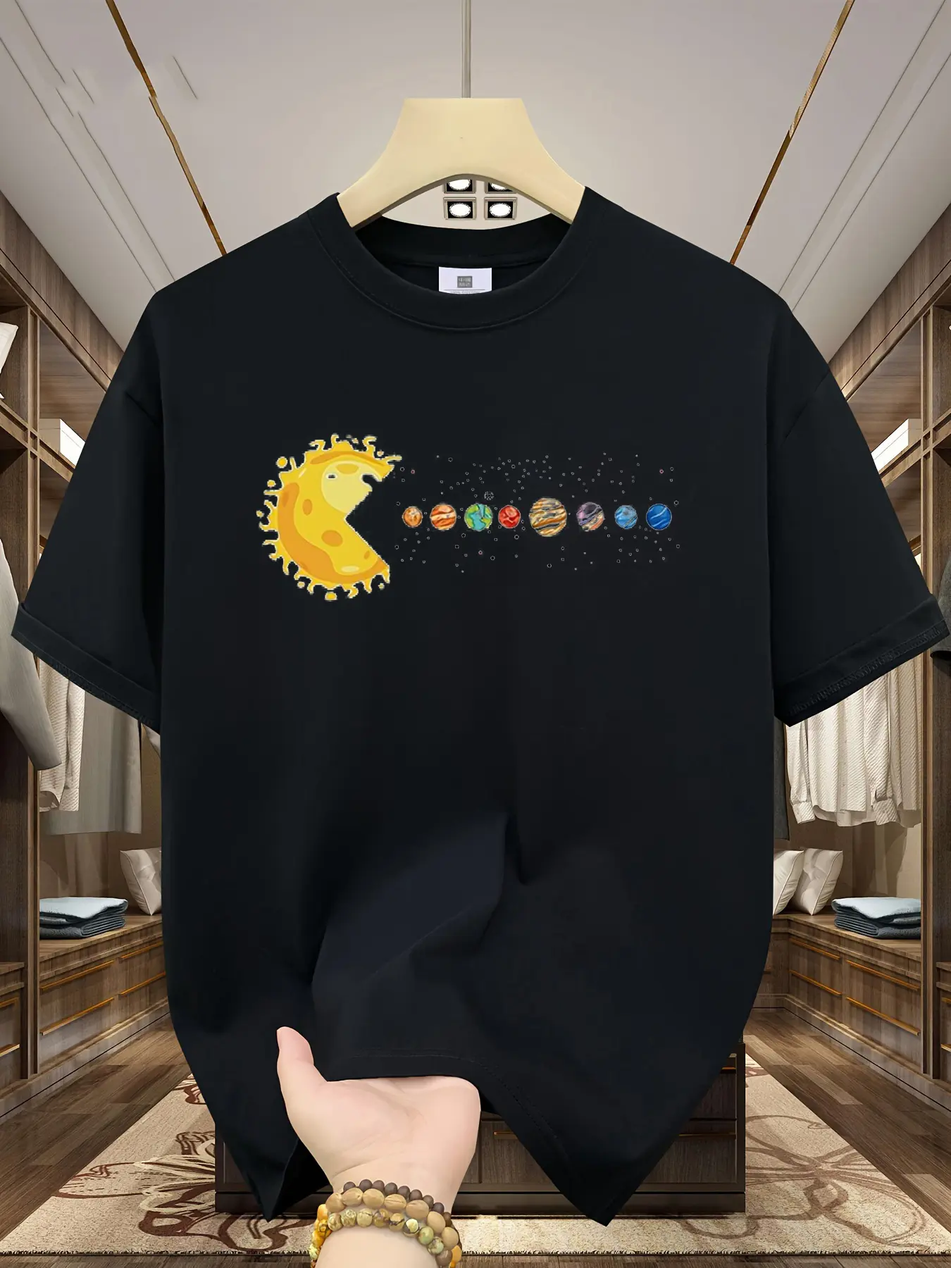 Men's summer 100% cotton fashionable casual loose Solar System Planets Print sports round neck short sleeved T-shirt top