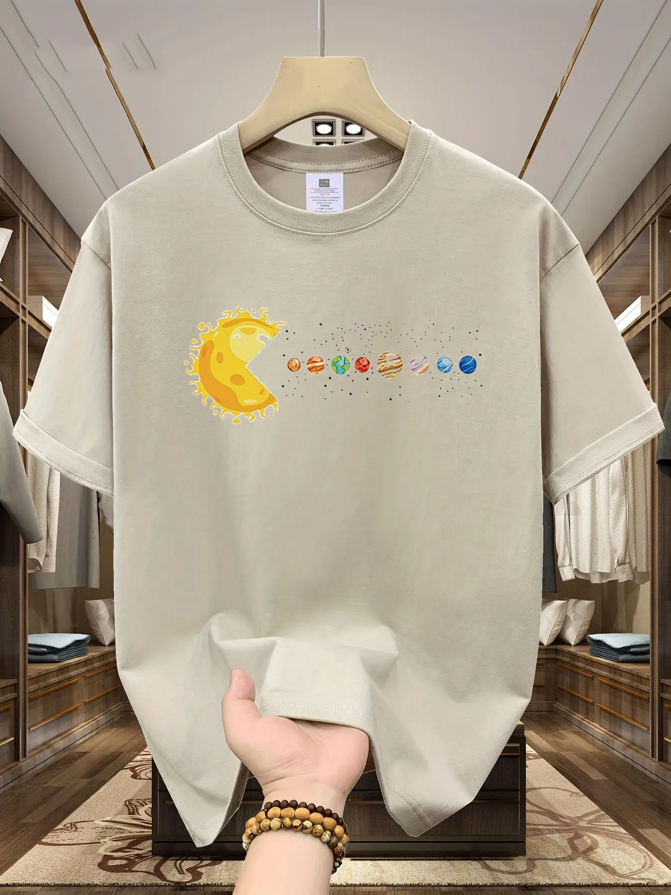 Men's summer 100% cotton fashionable casual loose Solar System Planets Print sports round neck short sleeved T-shirt top