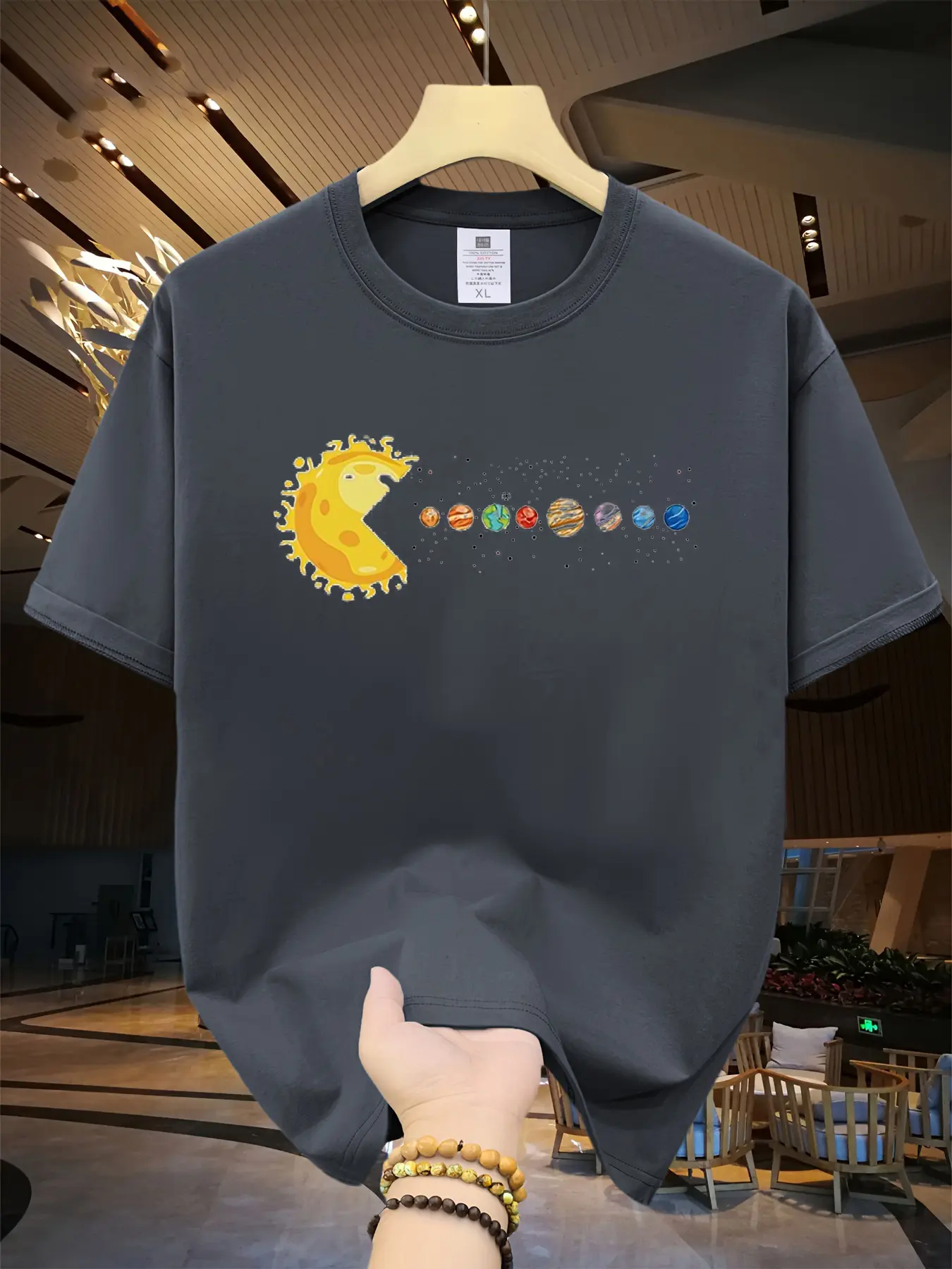 Men's summer 100% cotton fashionable casual loose Solar System Planets Print sports round neck short sleeved T-shirt top