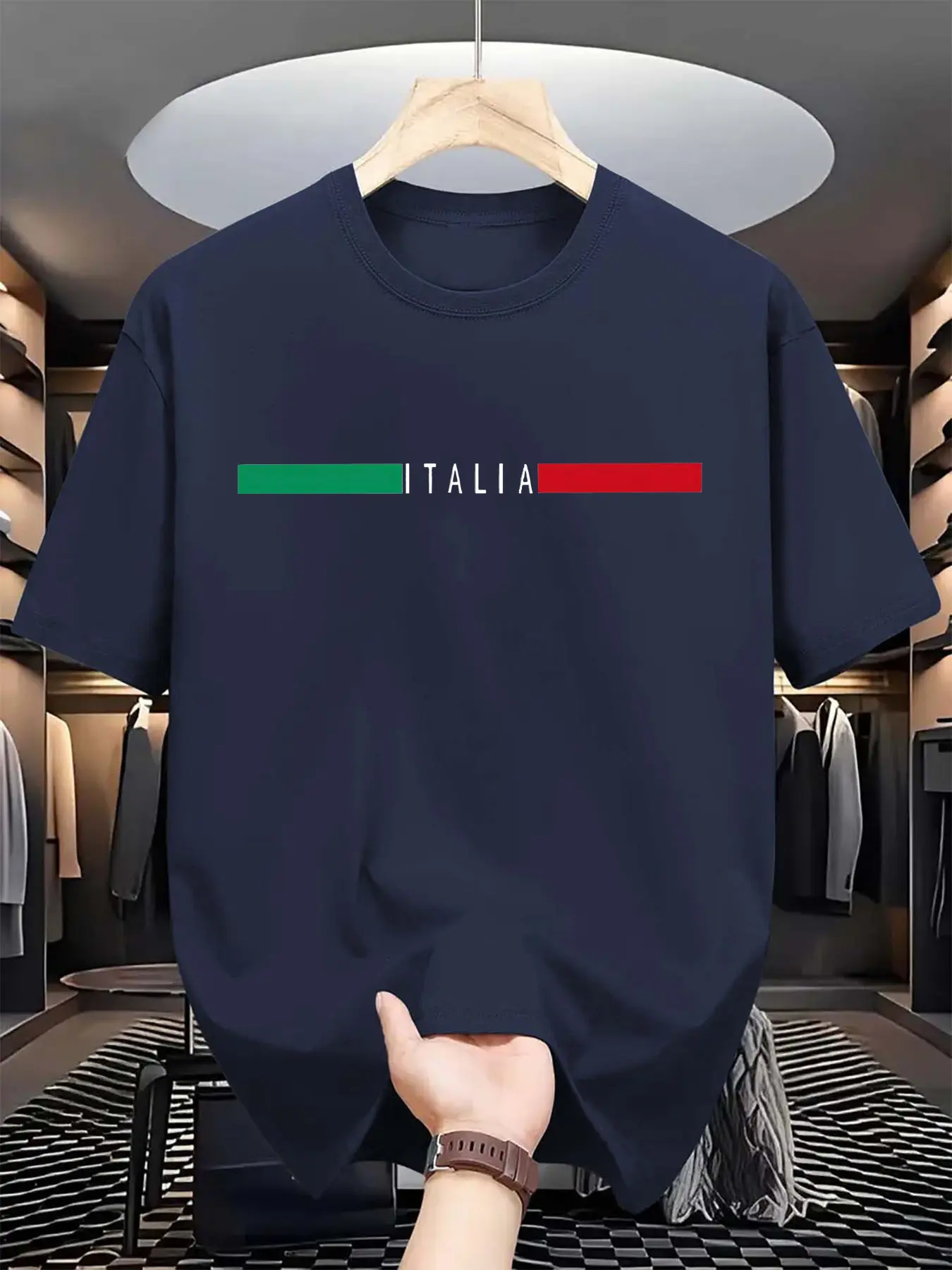 Men's summer 100% pure cotton fashionable casual sports loose ITALIA letter pattern printed round neck short sleeved T-shirt top