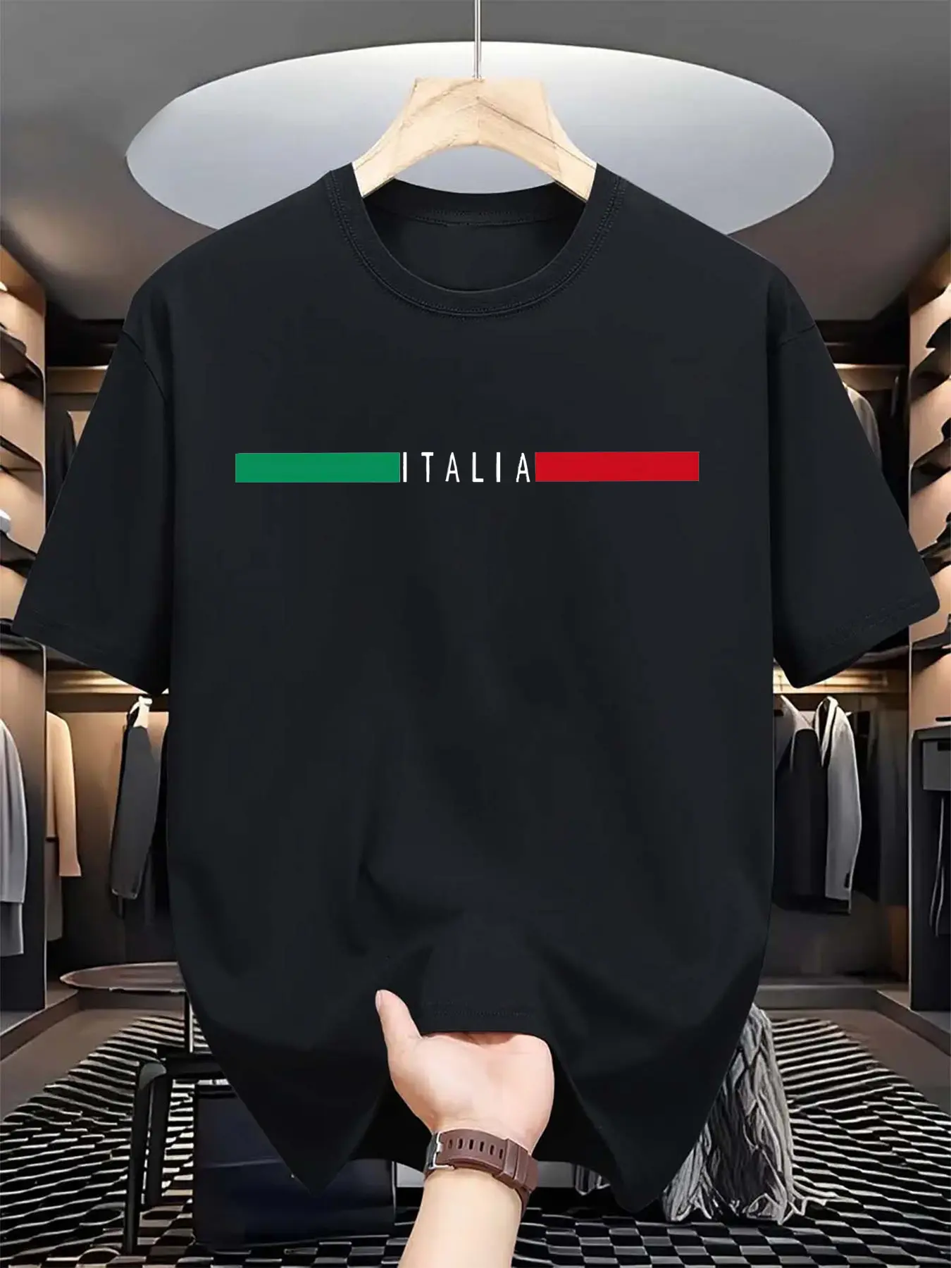Men's summer 100% pure cotton fashionable casual sports loose ITALIA letter pattern printed round neck short sleeved T-shirt top
