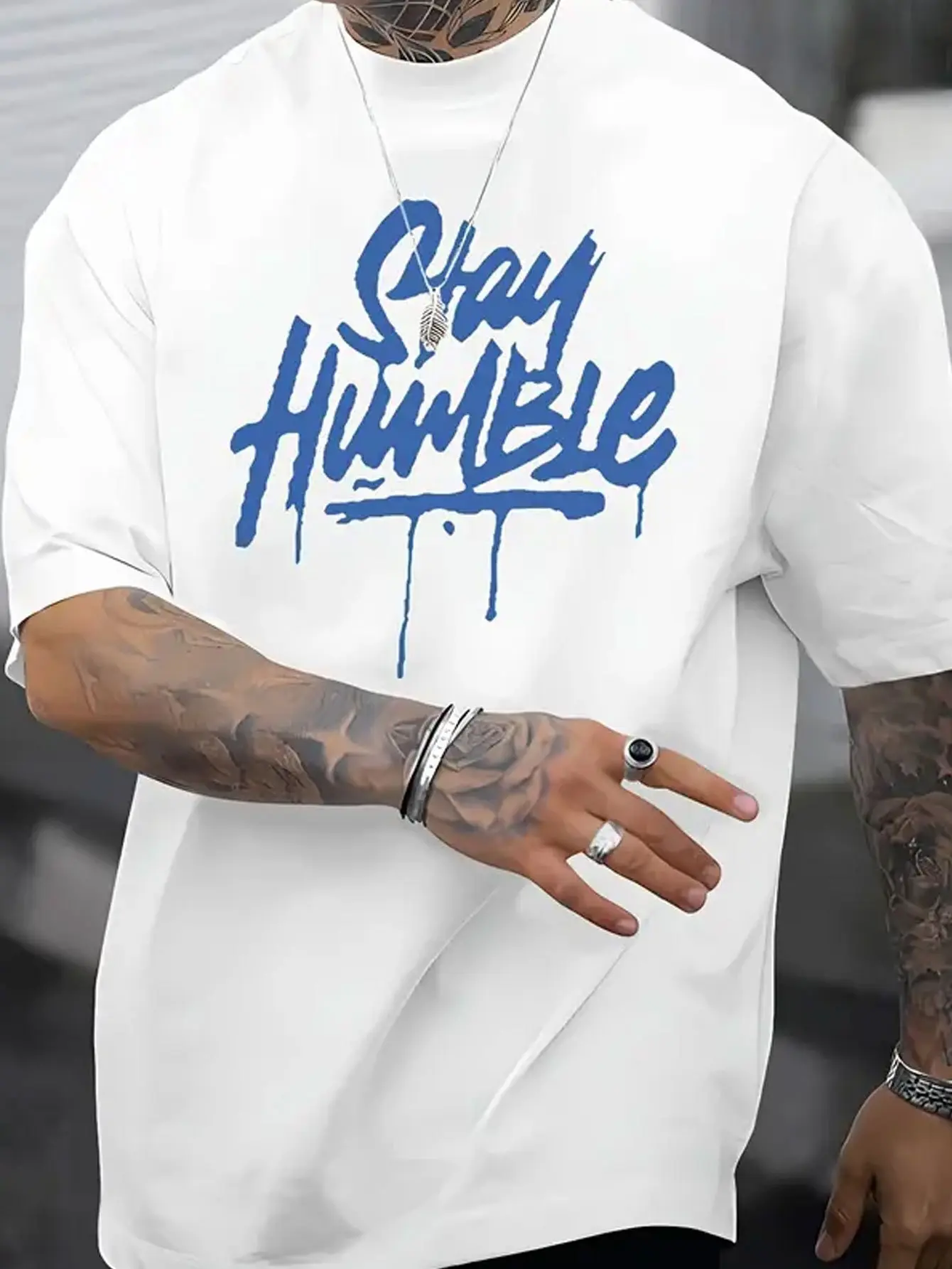 Men's 100% pure cotton summer loose size stay humble letter printed casual and comfortable round neck short sleeved T-shirt top