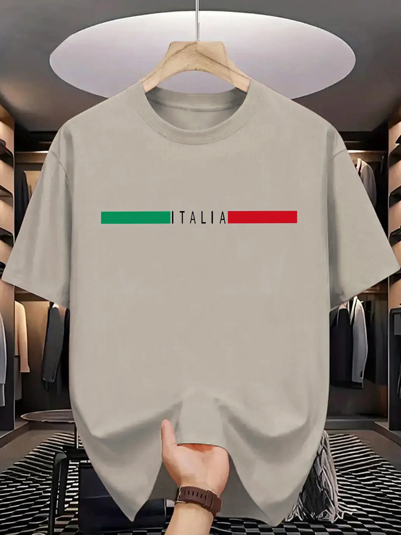 Men's summer 100% pure cotton fashionable casual sports loose ITALIA letter pattern printed round neck short sleeved T-shirt top