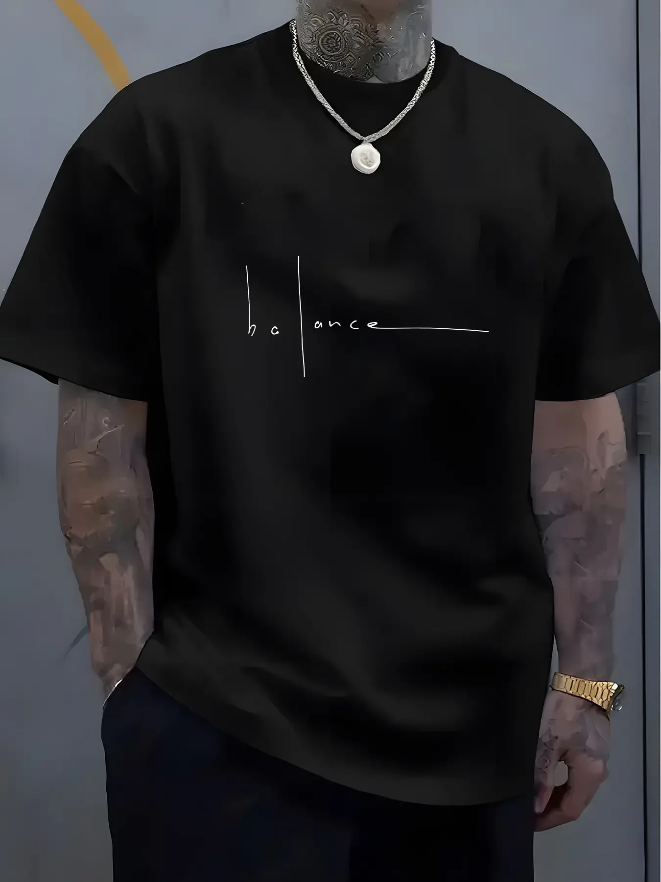 Men's summer 100% pure cotton fashionable casual sports loose trend balance letter print round neck short sleeved T-shirt top
