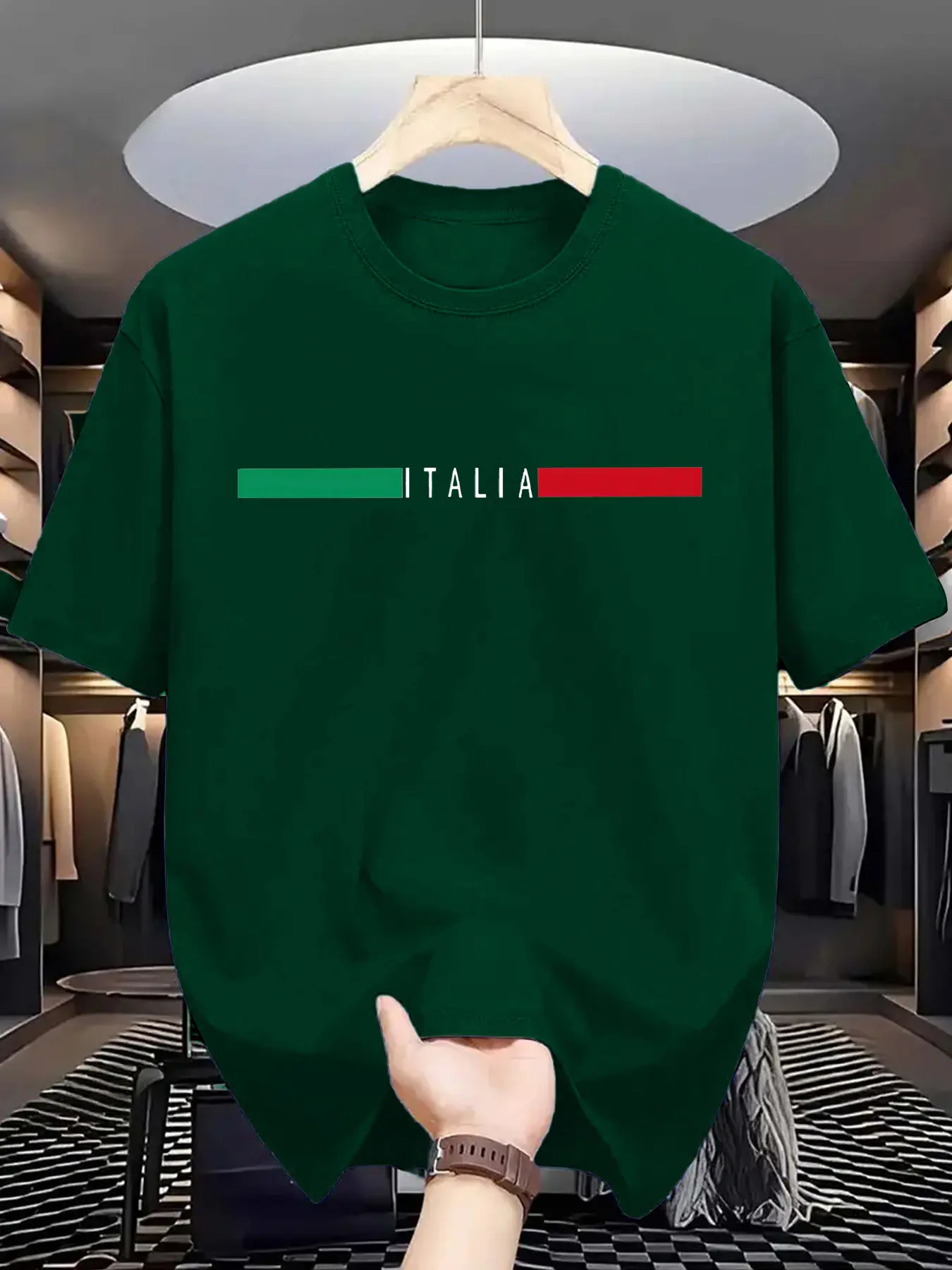 Men's summer 100% pure cotton fashionable casual sports loose ITALIA letter pattern printed round neck short sleeved T-shirt top