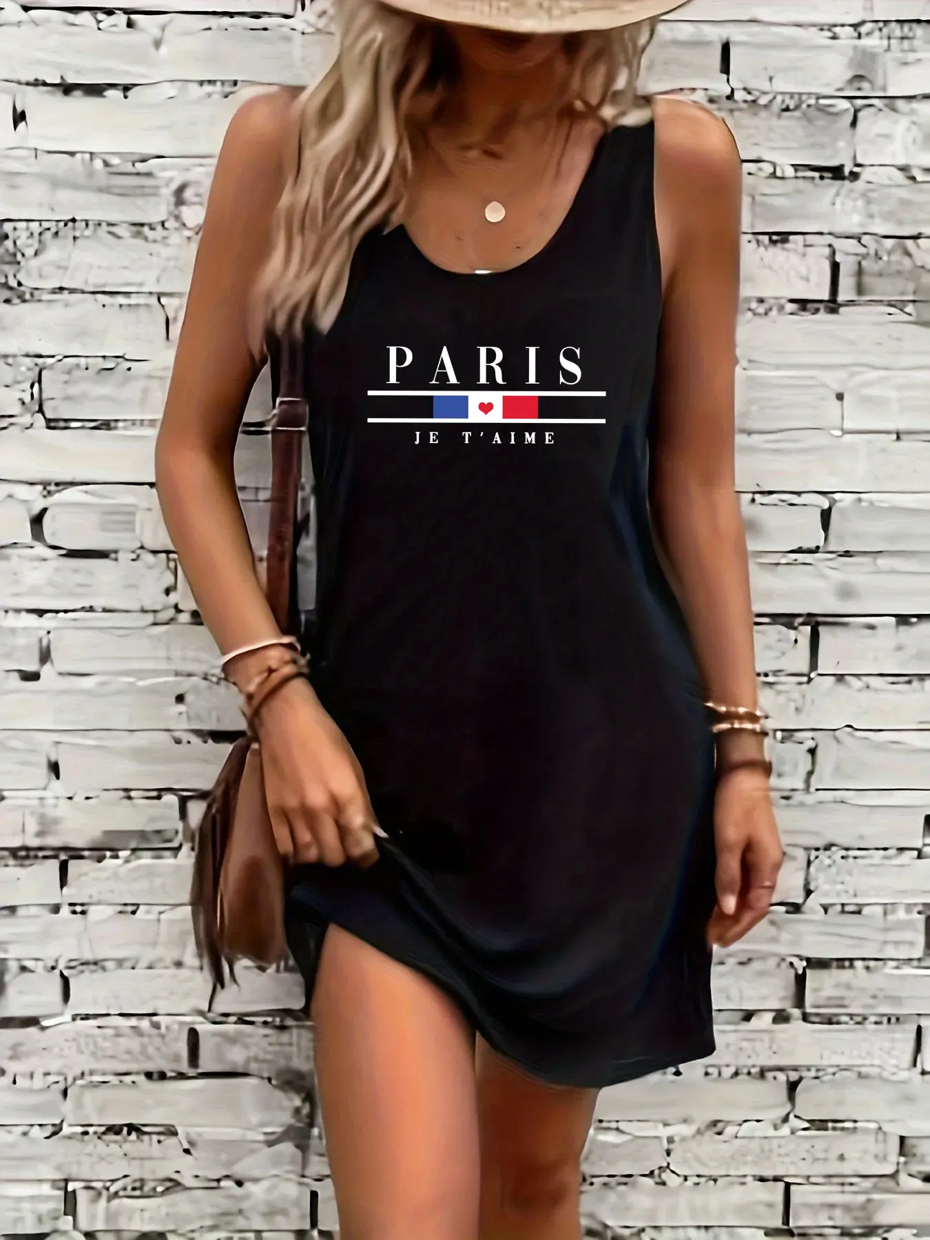 Women's summer loose and comfortable casual Paris MILANO letter pattern printed black sleeveless vest dress punk style dress
