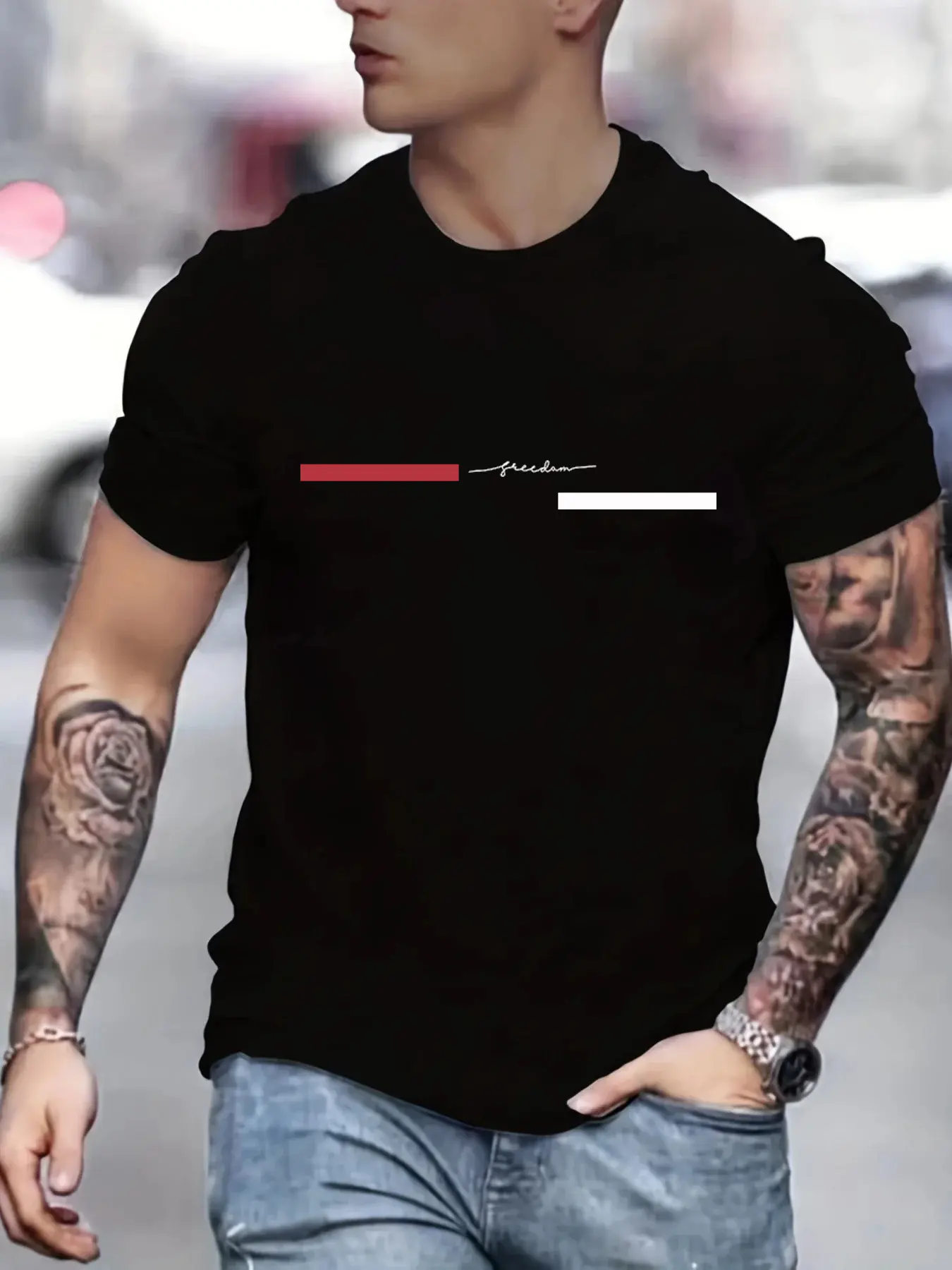 Summer men's 100% pure cotton casual loose freedom letter printed sports comfortable round neck short sleeved T-shirt top