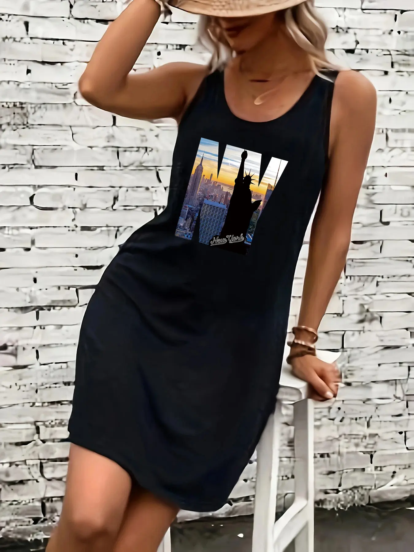 Women's summer loose and comfortable casual New York City NY letter pattern printed black sleeveless vest dress punk style dress