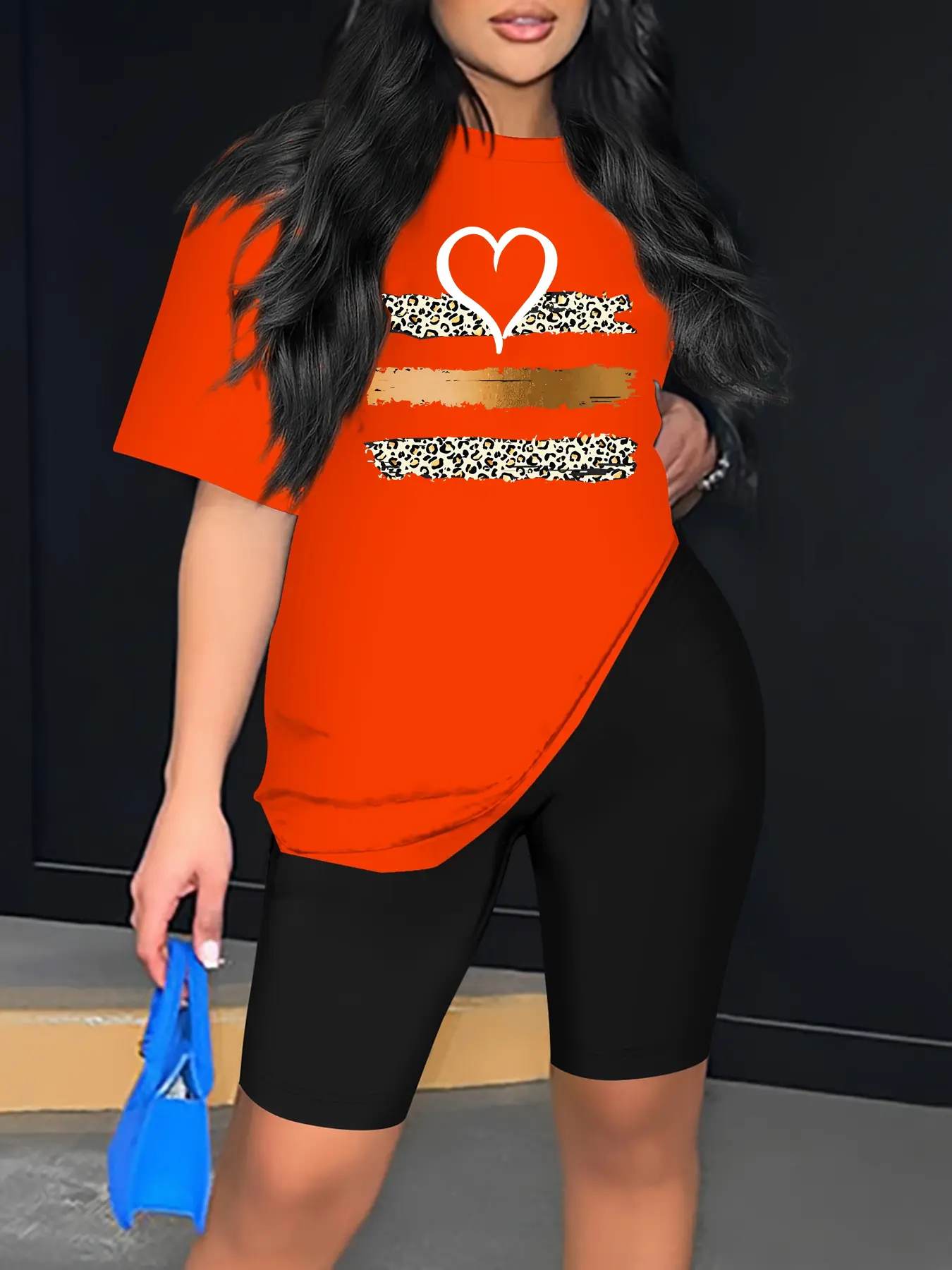 Summer women's leopard print heart-shaped pattern print casual loose fit plus round neck short sleeved T-shirt shorts two-piece