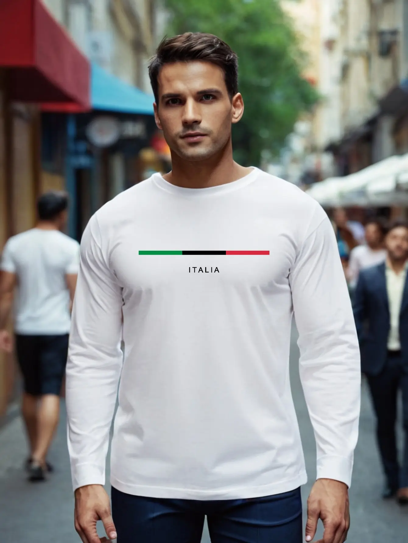 Men's 100% pure cotton loose fit comfortable sports and leisure American eagle pattern printed round neck long sleeved T-shirt
