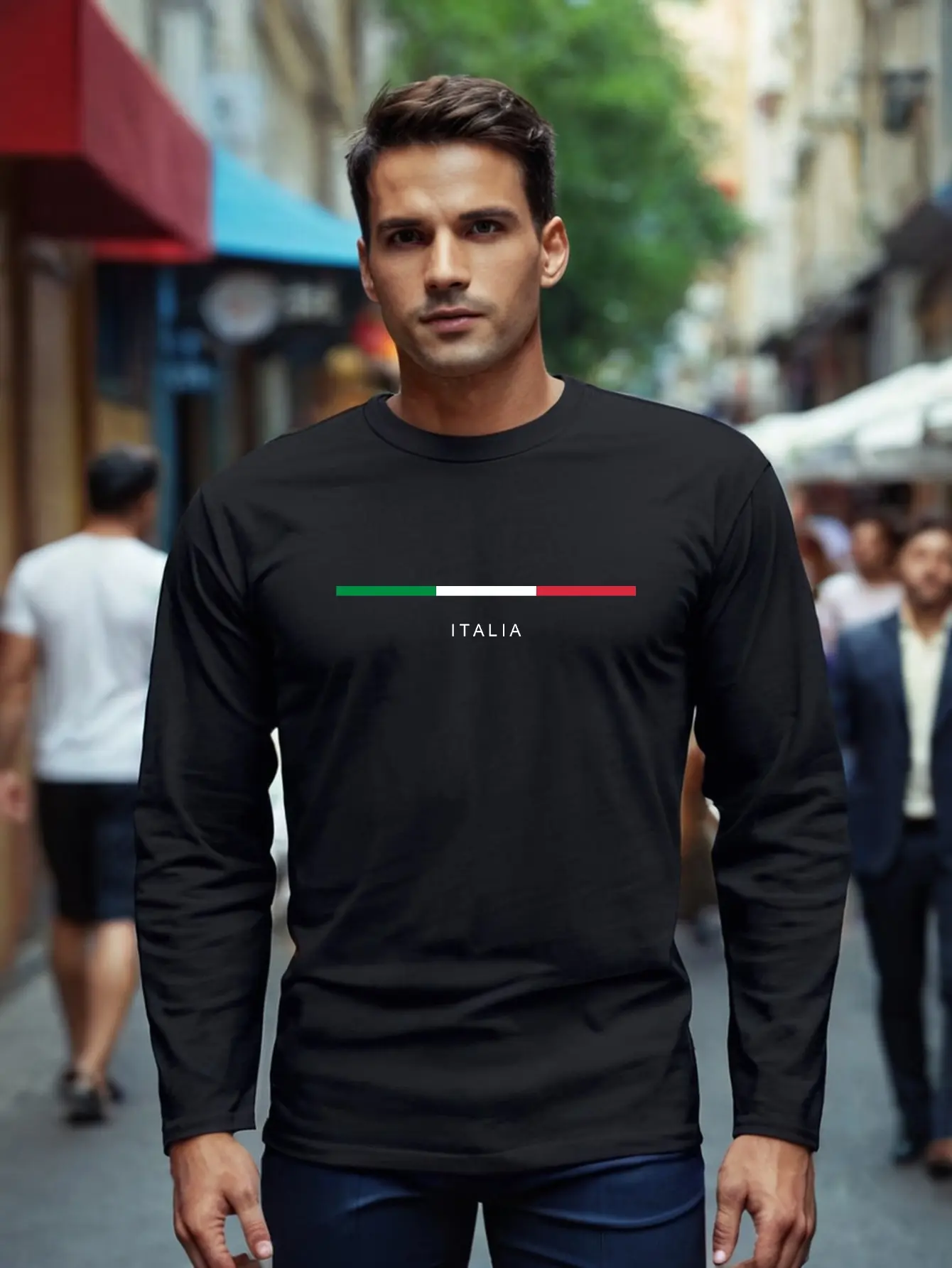 Men's 100% pure cotton loose fit comfortable sports and leisure American eagle pattern printed round neck long sleeved T-shirt