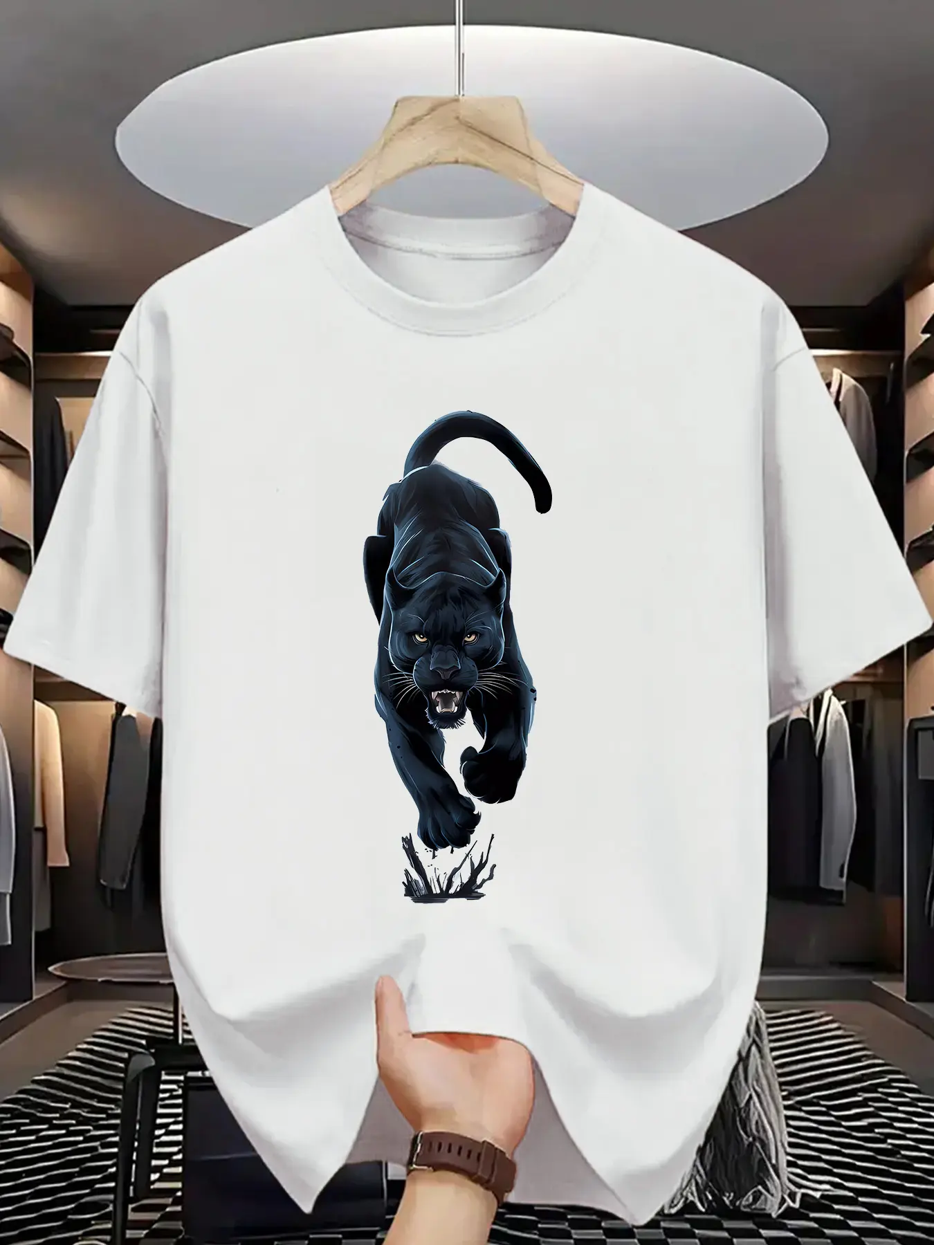 Men's summer 100% pure cotton fashionable casual loose sports black panther pattern printed round neck short sleeved T-shirt top