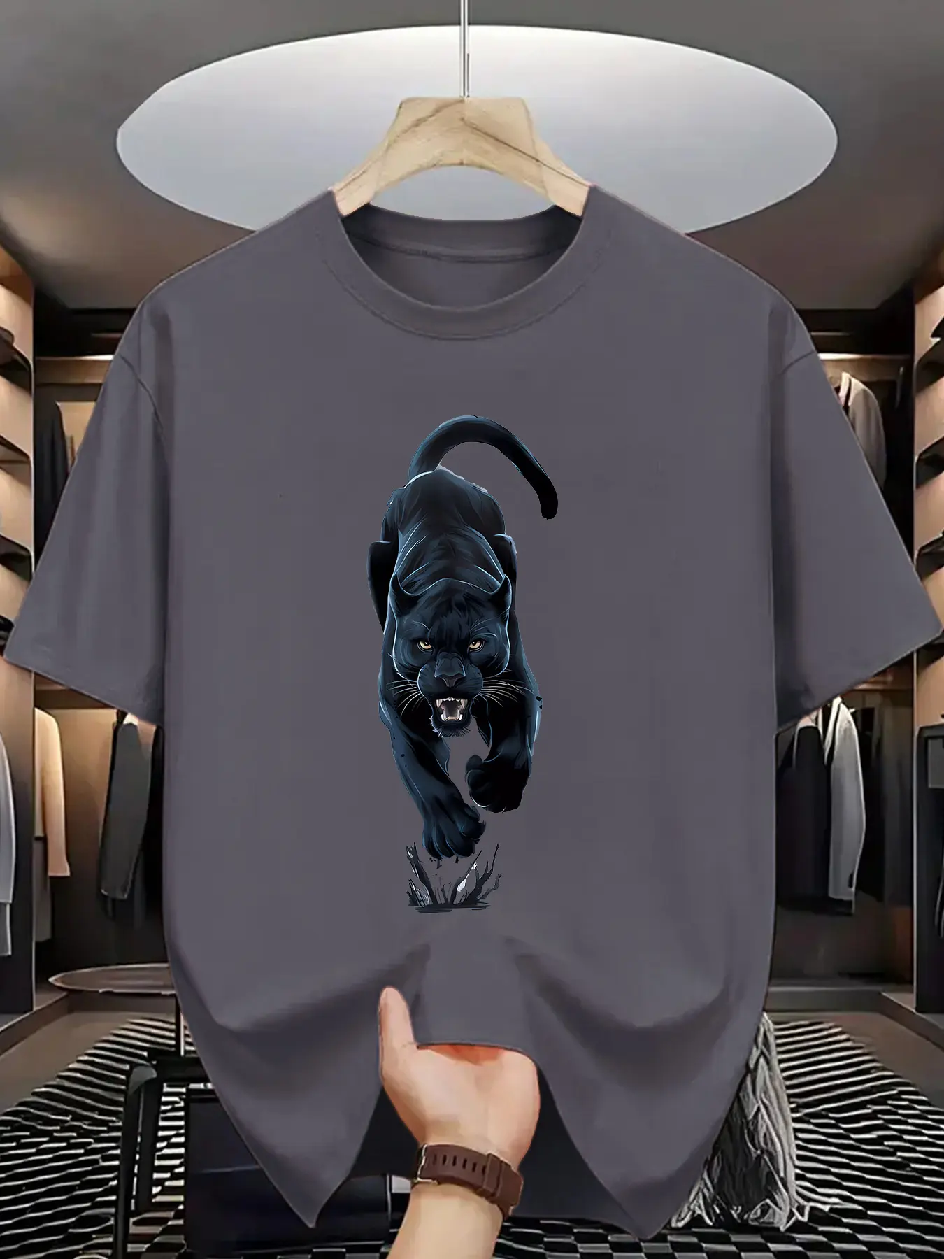 Men's summer 100% pure cotton fashionable casual loose sports black panther pattern printed round neck short sleeved T-shirt top
