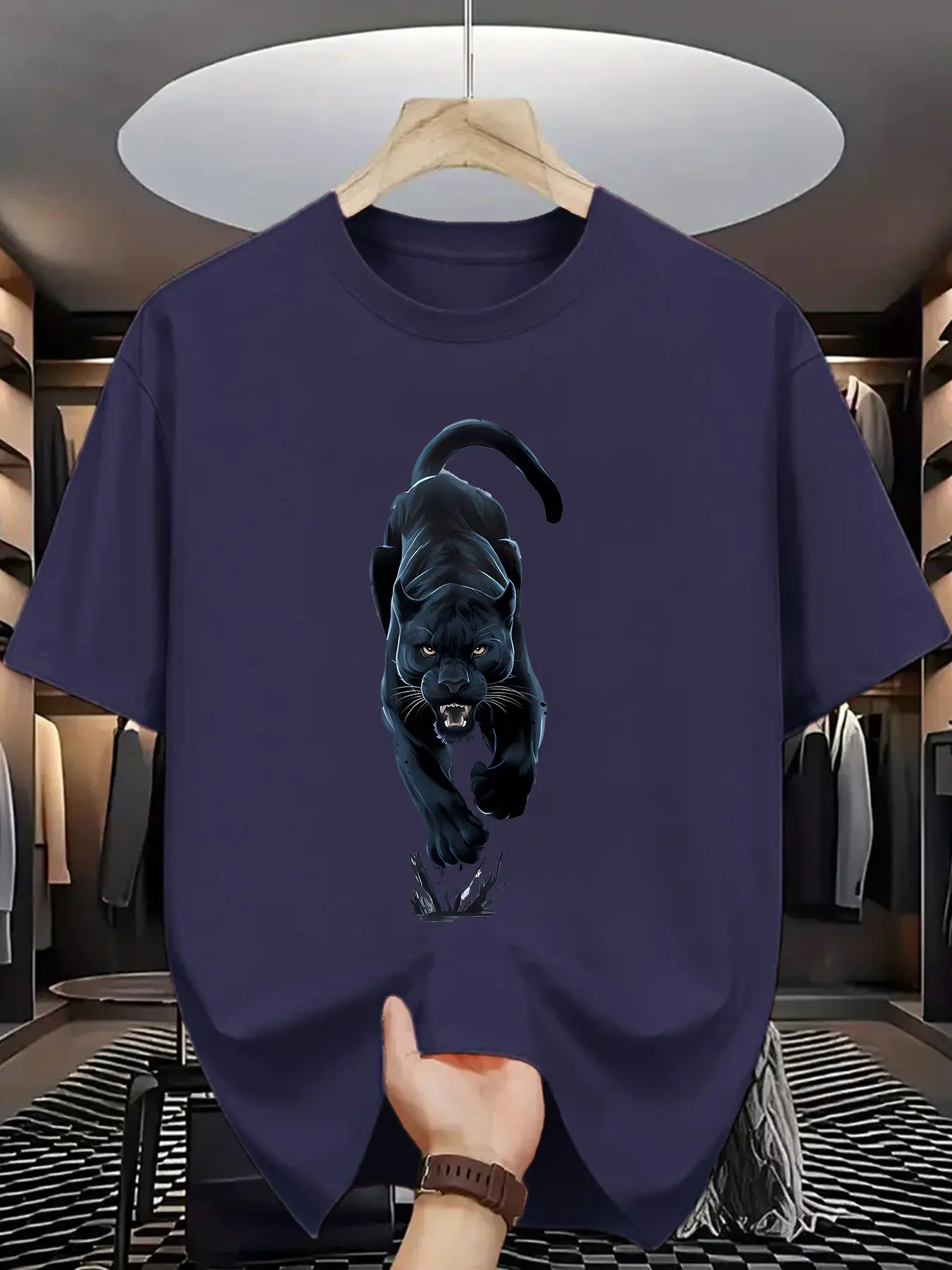 Men's summer 100% pure cotton fashionable casual loose sports black panther pattern printed round neck short sleeved T-shirt top