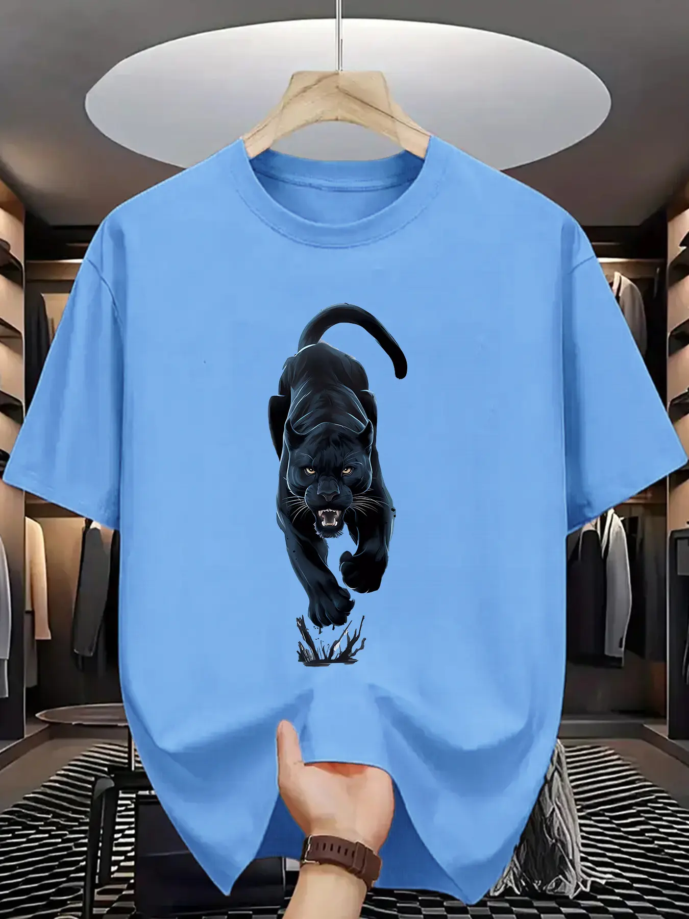 Men's summer 100% pure cotton fashionable casual loose sports black panther pattern printed round neck short sleeved T-shirt top
