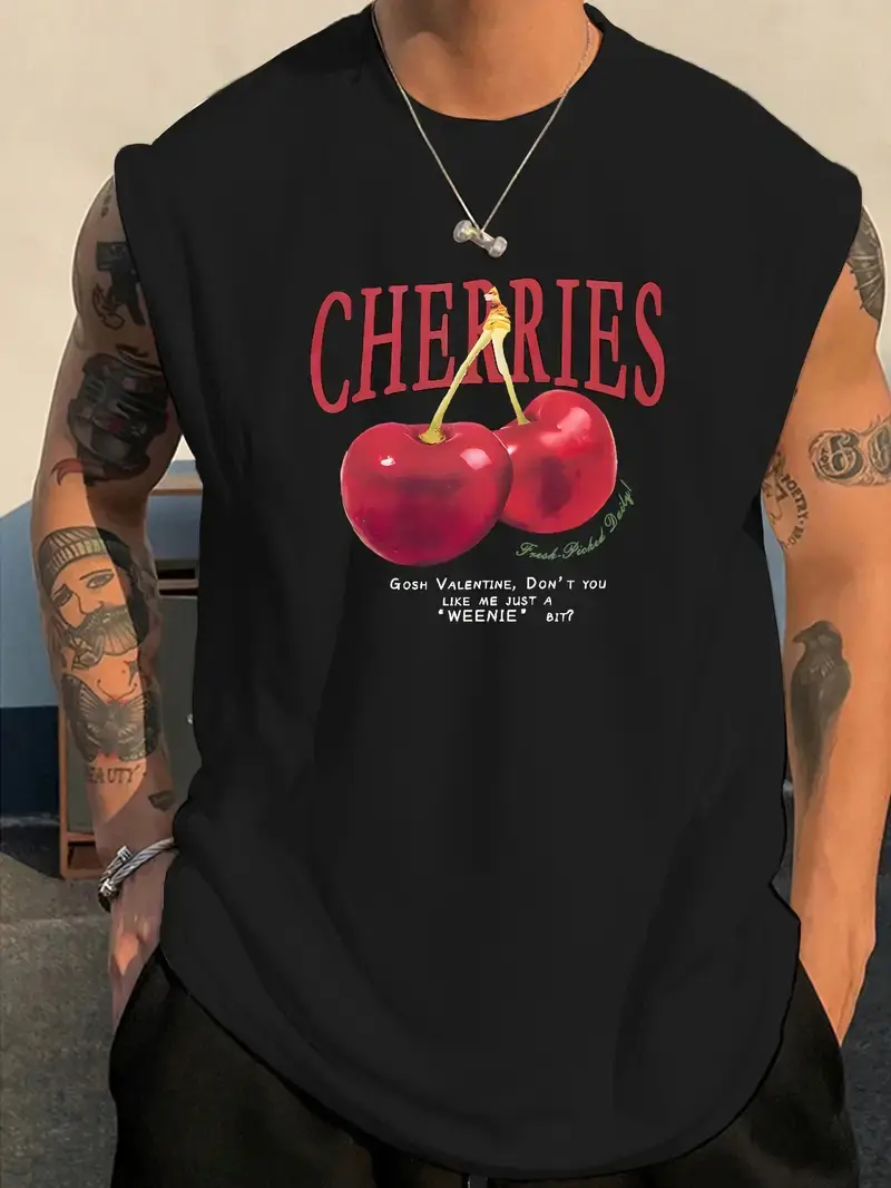 Men's summer fashion casual sports loose cherry print comfortable breathable round neck sleeveless vest