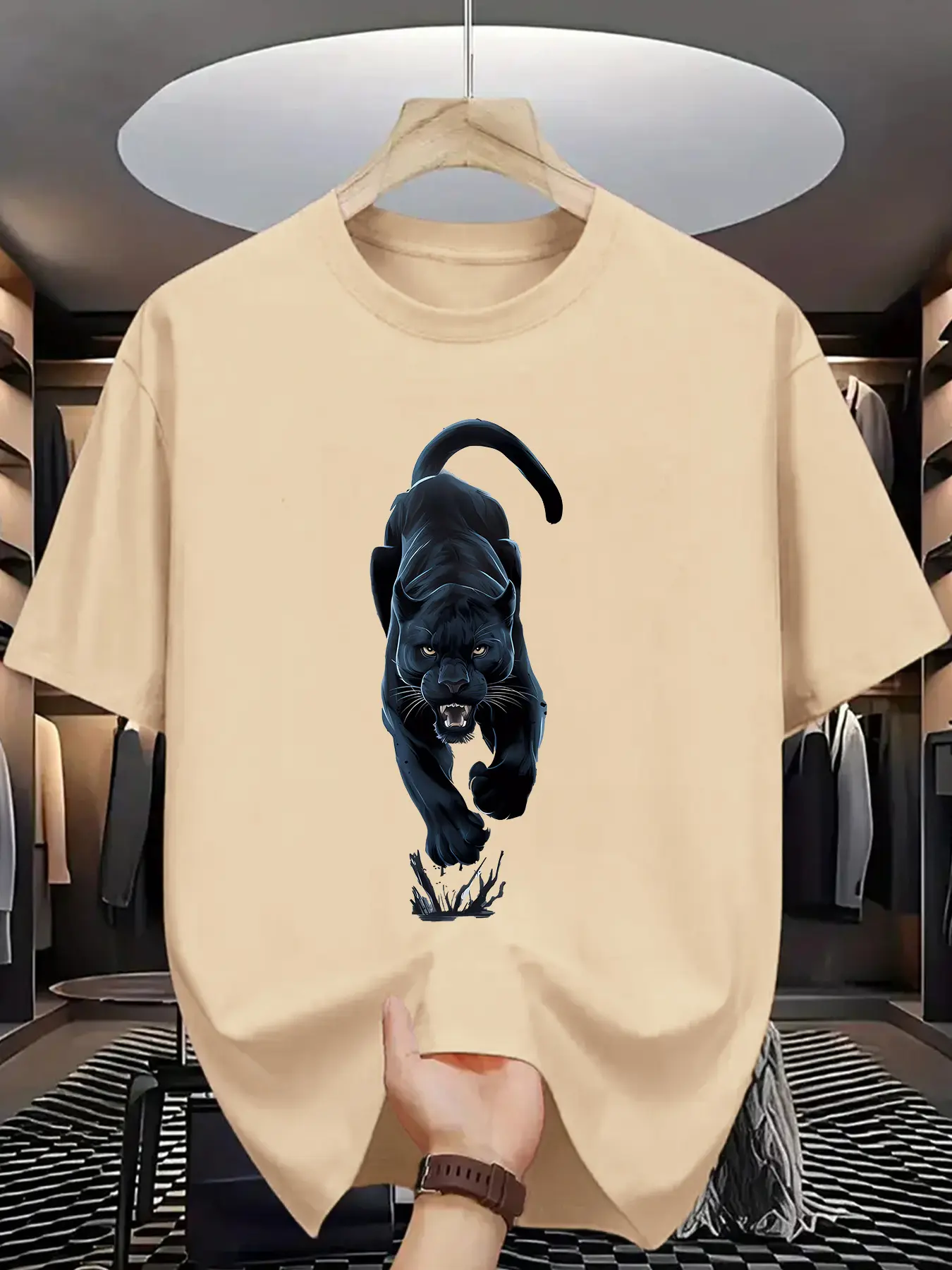 Men's summer 100% pure cotton fashionable casual loose sports black panther pattern printed round neck short sleeved T-shirt top