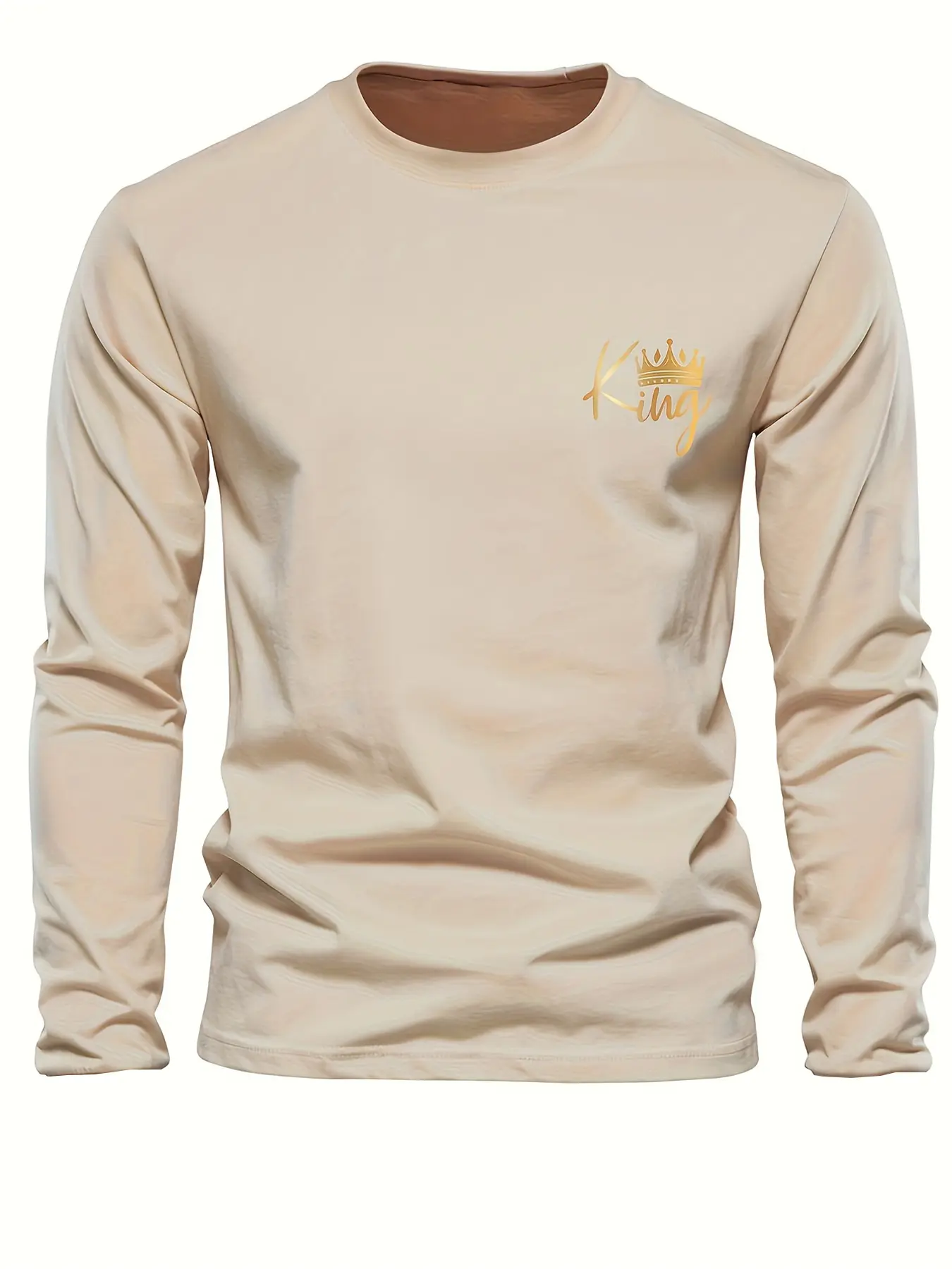 Men's 100% pure cotton comfortable sports casual loose oversized king print breathable round neck long sleeved T-shirt top
