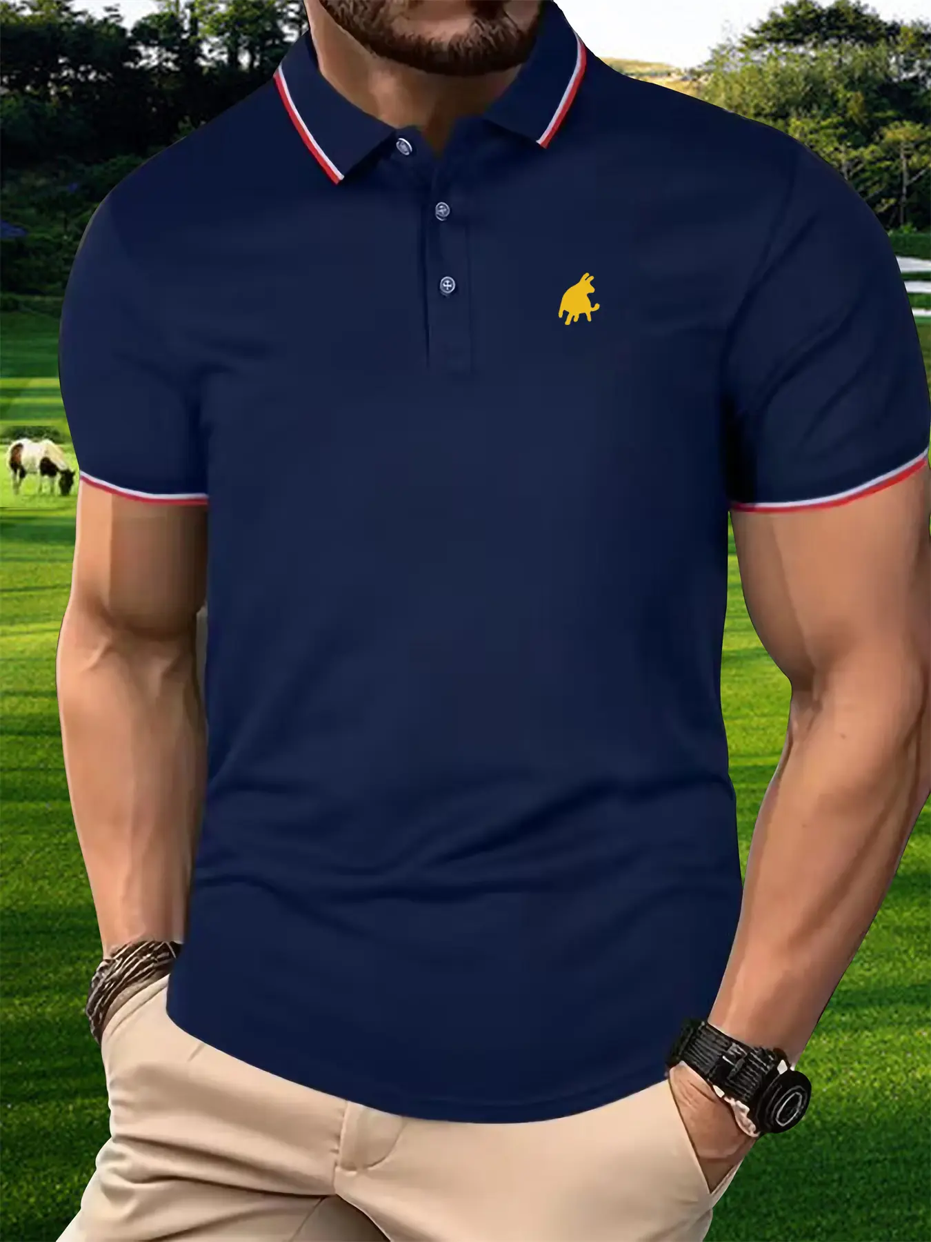 Men's 100 cotton summer casual fashionable loose plus size Golden Bull pattern printed lapel short sleeved polo shirt