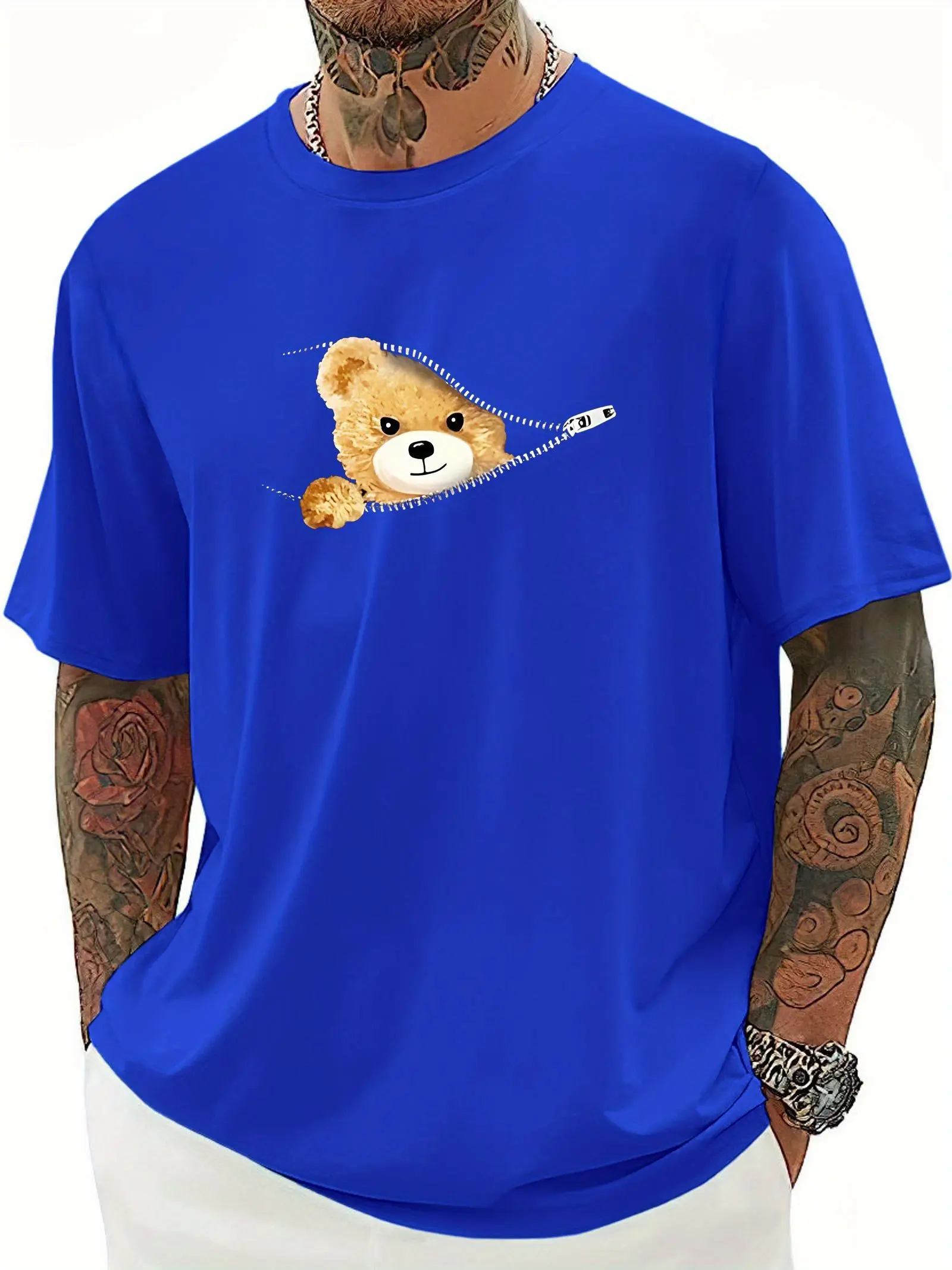 Summer Men's 100% Cotton Casual Loose Large Cartoon Cute Bear Printed Sports Comfortable Round Neck Short Sleeve T-shirt Top