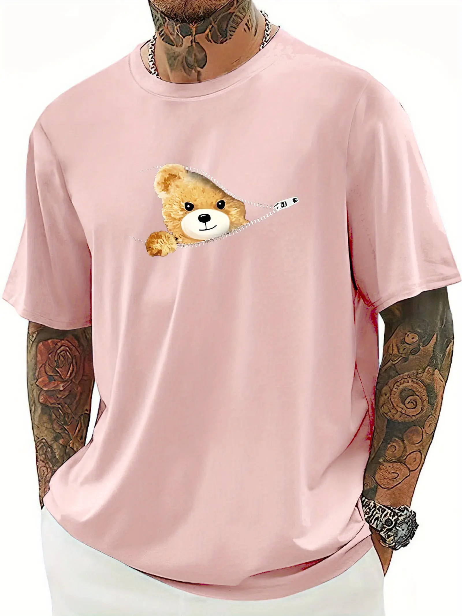 Summer Men's 100% Cotton Casual Loose Large Cartoon Cute Bear Printed Sports Comfortable Round Neck Short Sleeve T-shirt Top