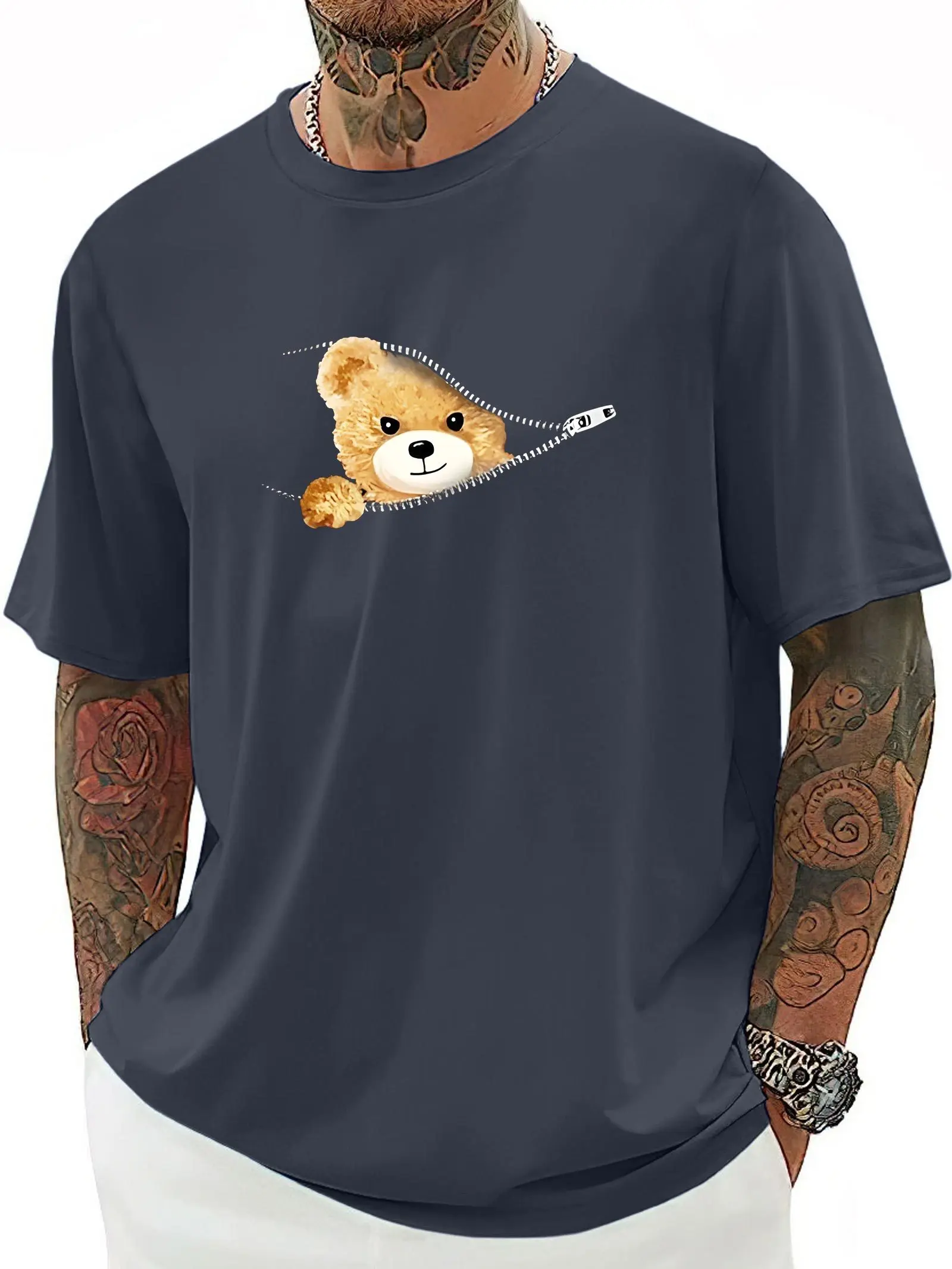 Summer Men's 100% Cotton Casual Loose Large Cartoon Cute Bear Printed Sports Comfortable Round Neck Short Sleeve T-shirt Top